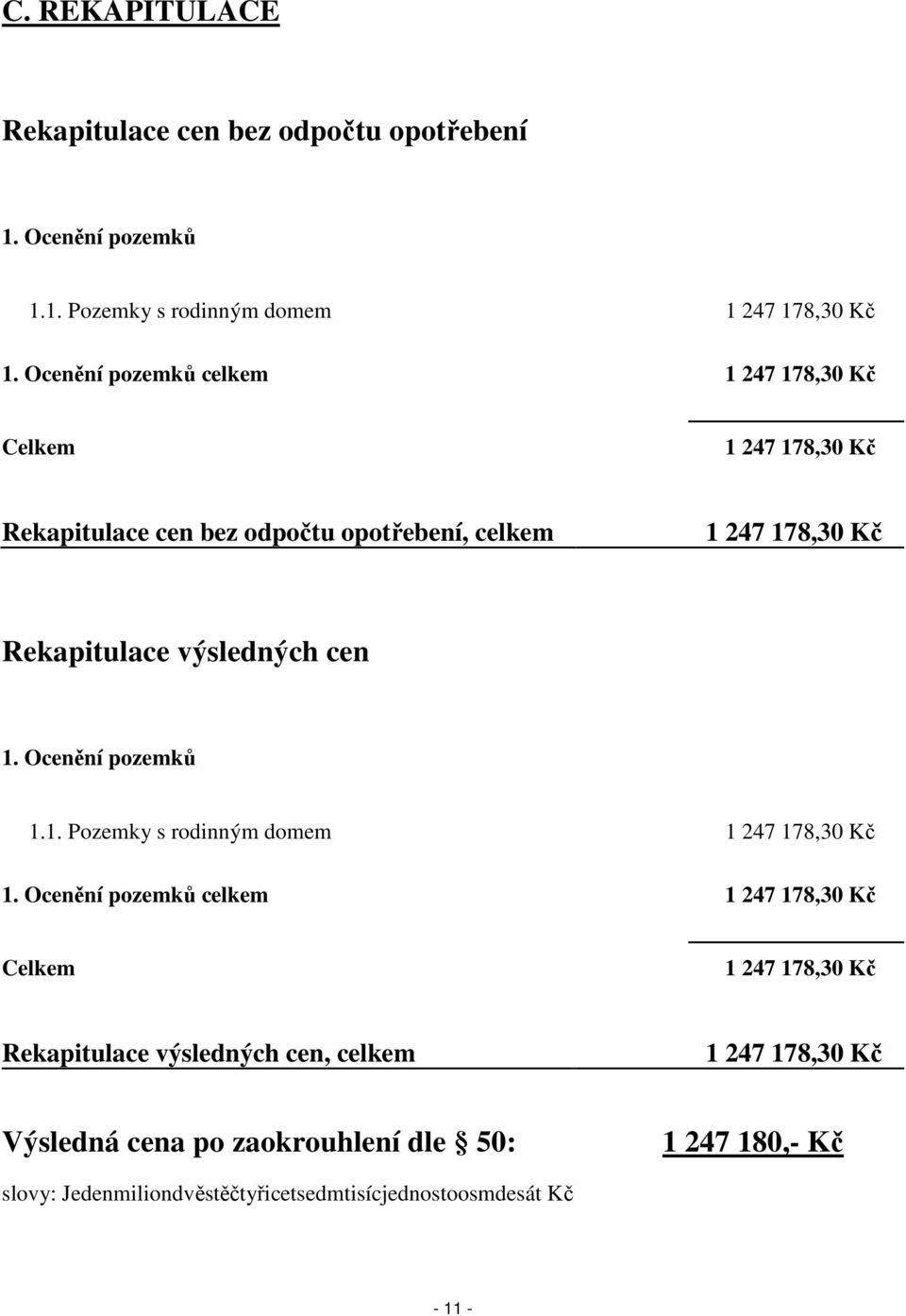 výsledných cen 1. Ocenění pozemků 1.1. Pozemky s rodinným domem 1 247 178,30 Kč 1.