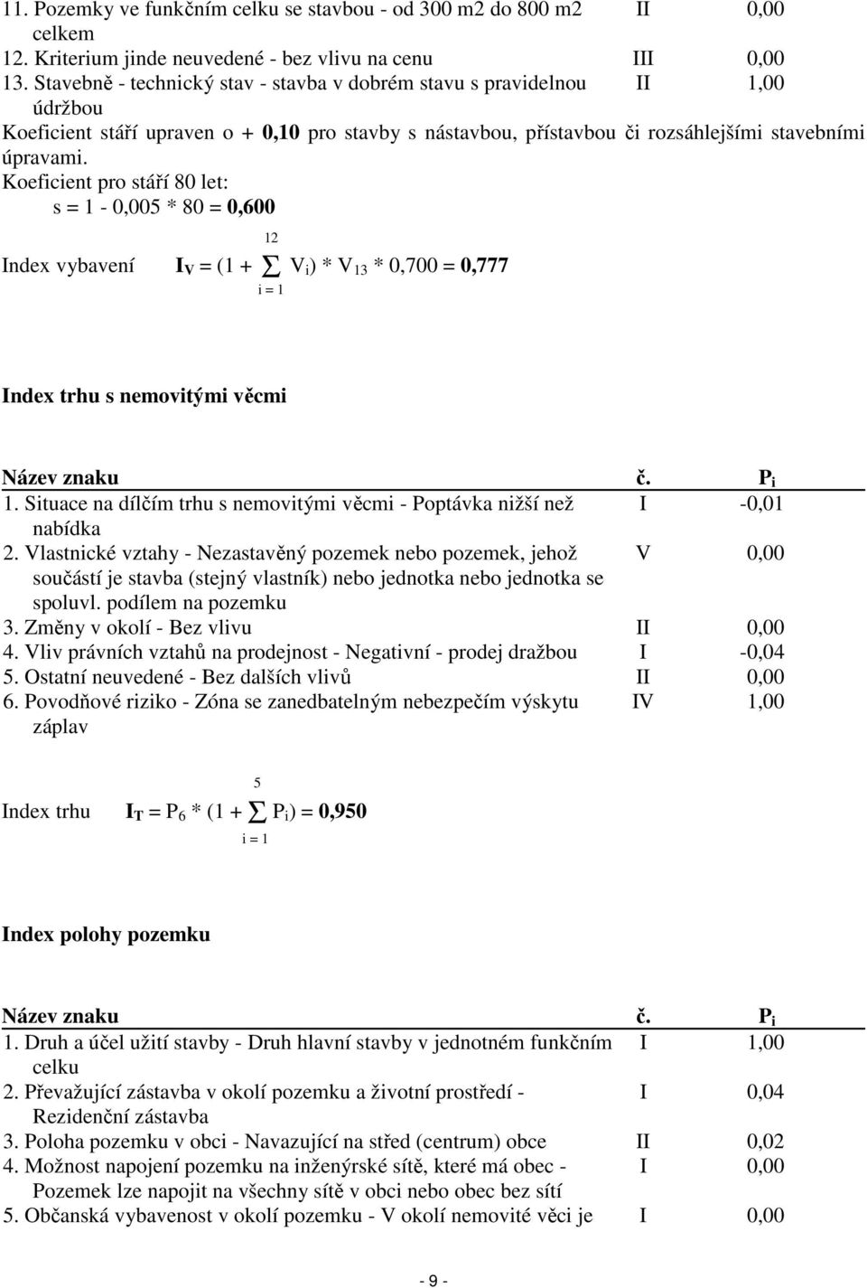 Koeficient pro stáří 80 let: s = 1-0,005 * 80 = 0,600 12 Index vybavení I V = (1 + Σ V i ) * V 13 * 0,700 = 0,777 i = 1 Index trhu s nemovitými věcmi Název znaku č. P i 1.