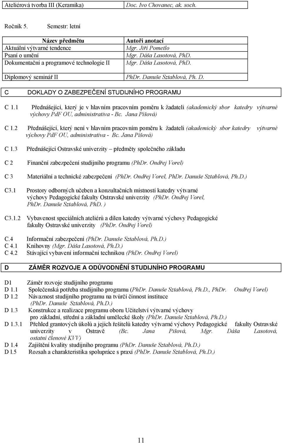 2 Přednášející, který není v hlavním pracovním poměru k žadateli (akademický sbor katedry výtvarné výchovy PdF OU, administrativa - Bc. Jana Píšová) C 1.