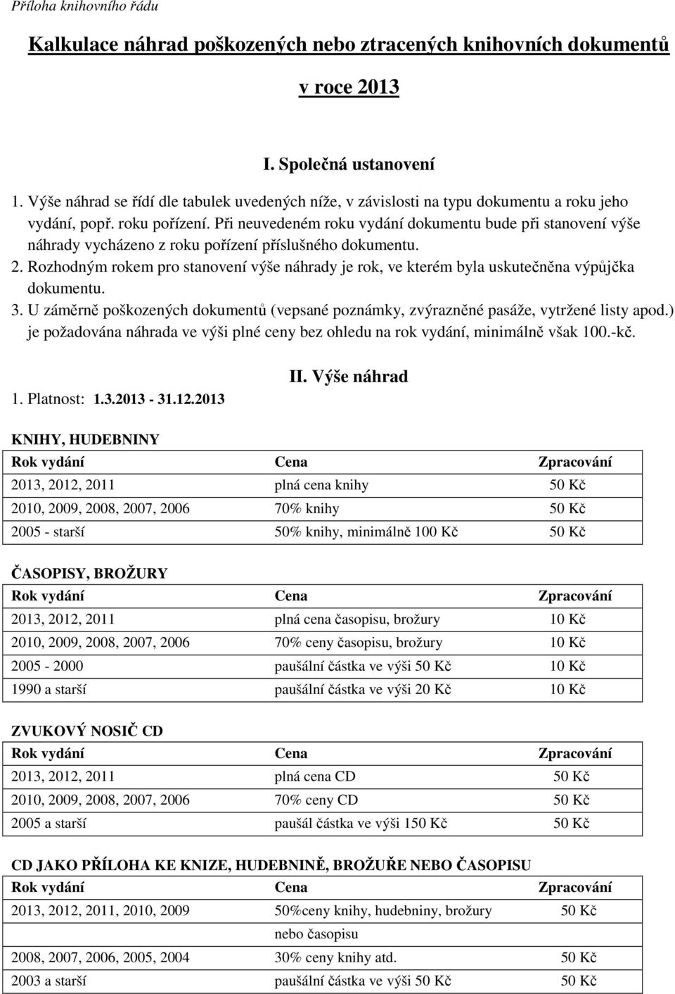 Při neuvedeném roku vydání dokumentu bude při stanovení výše náhrady vycházeno z roku pořízení příslušného dokumentu. 2.