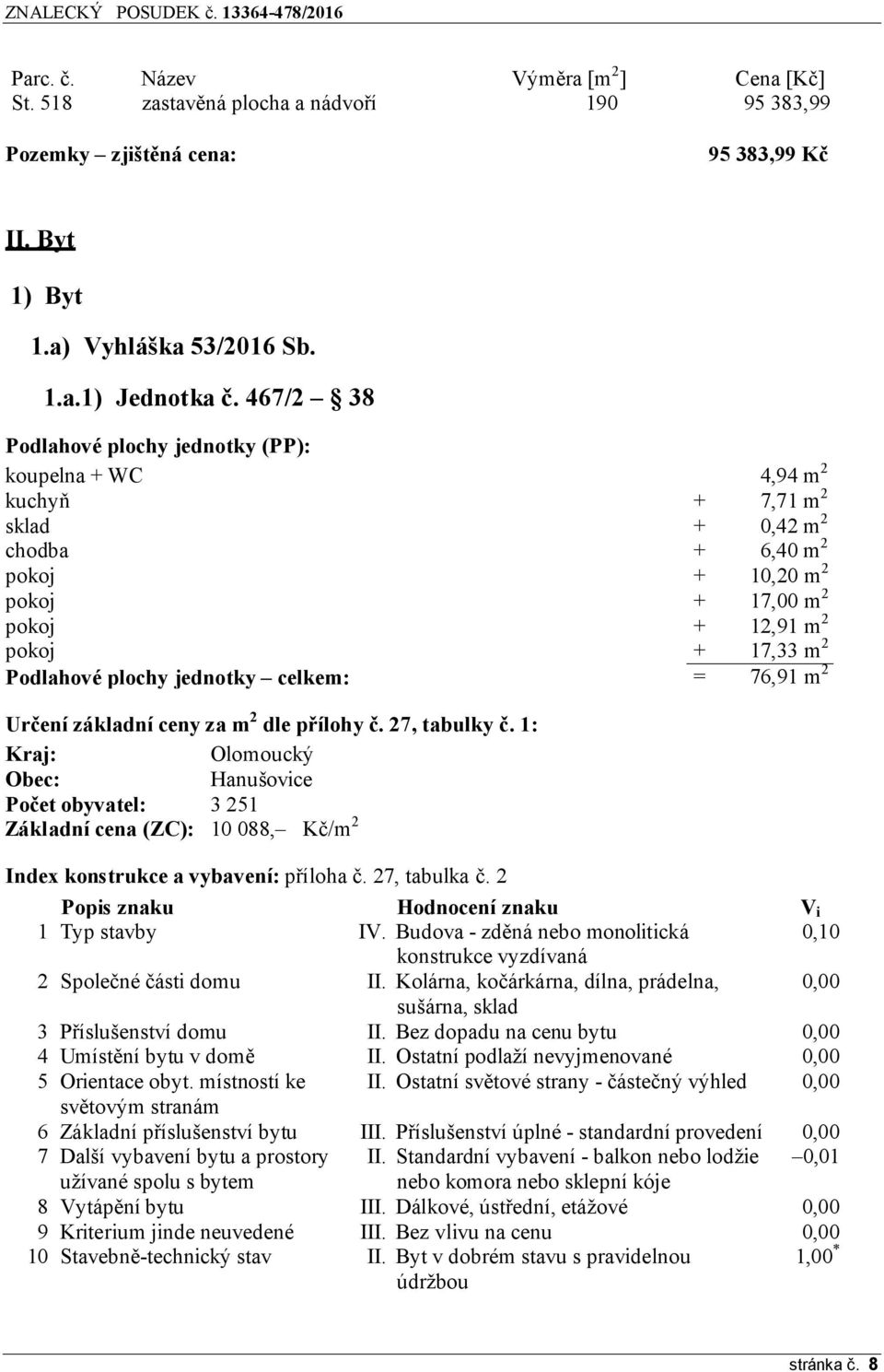 plochy jednotky celkem: = 76,91 m 2 Určení základní ceny za m 2 dle přílohy č. 27, tabulky č.