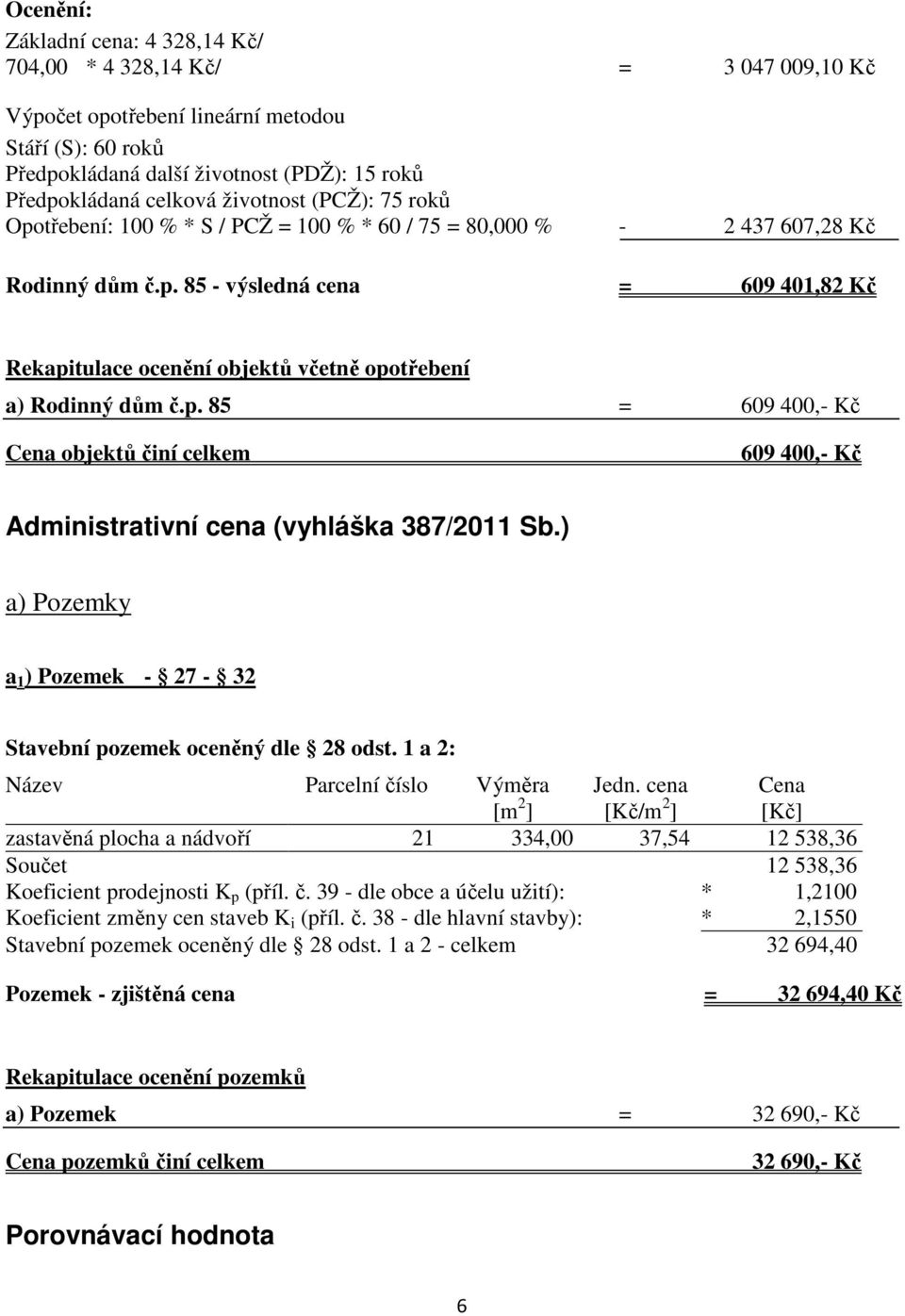 p. 85 = 609 400,- Kč Cena objektů činí celkem 609 400,- Kč Administrativní cena (vyhláška 387/2011 Sb.) a) Pozemky a 1 ) Pozemek - 27-32 Stavební pozemek oceněný dle 28 odst.