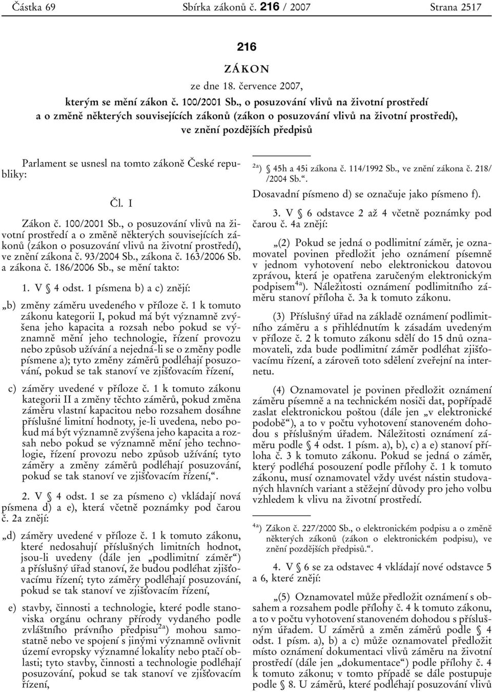 Parlament se usnesl na tomto zaбkoneо Cо eskeб republiky: Cо l. I Zaбkon cо. 100/2001 Sb.