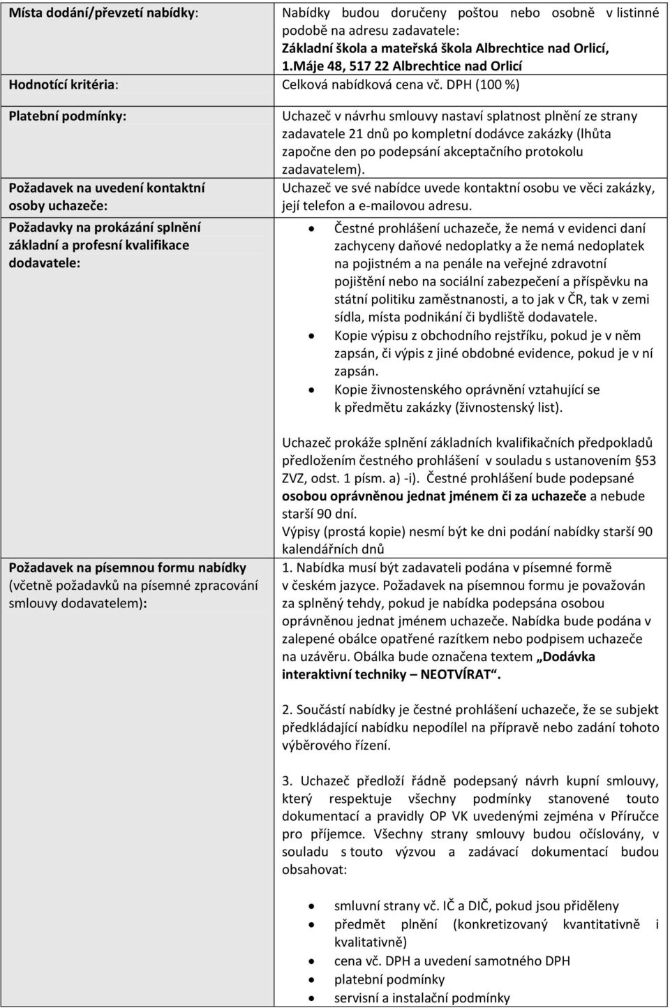 DPH (100 %) Platební podmínky: Požadavek na uvedení kontaktní osoby uchazeče: Požadavky na prokázání splnění základní a profesní kvalifikace dodavatele: Požadavek na písemnou formu nabídky (včetně