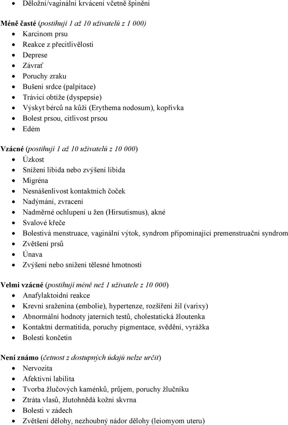 Nesnášenlivost kontaktních čoček Nadýmání, zvracení Nadměrné ochlupení u žen (Hirsutismus), akné Svalové křeče Bolestivá menstruace, vaginální výtok, syndrom připomínající premenstruační syndrom