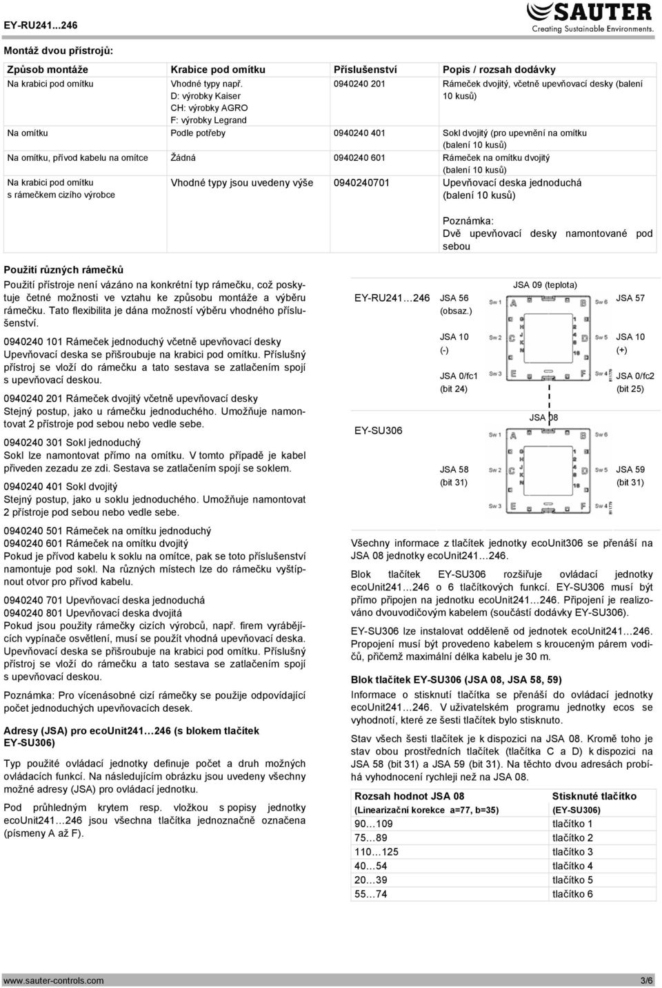 omítku, přívod kabelu na omítce Žádná 0940240 601 Rámeček na omítku dvojitý s rámečkem cizího výrobce Vhodné typy jsou uvedeny výše 0940240701 Upevňovací deska jednoduchá Poznámka: Dvě upevňovací