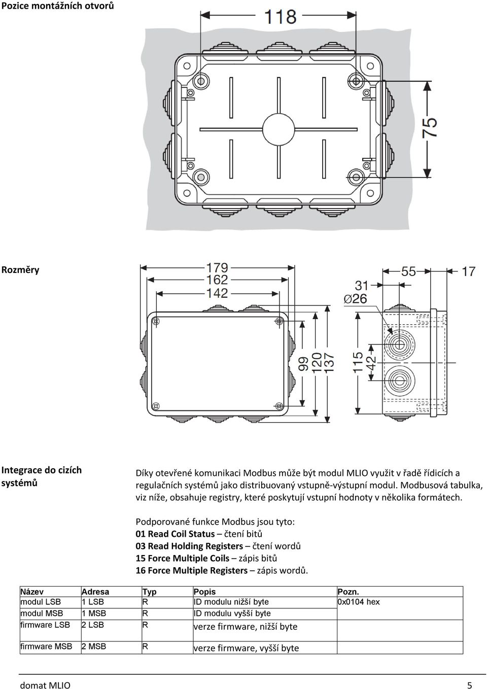 Podporované funkce Modbus jsou tyto: 01 Read Coil Status čtení bitů 03 Read Holding Registers čtení wordů 15 Force Multiple Coils zápis bitů 16 Force Multiple Registers zápis