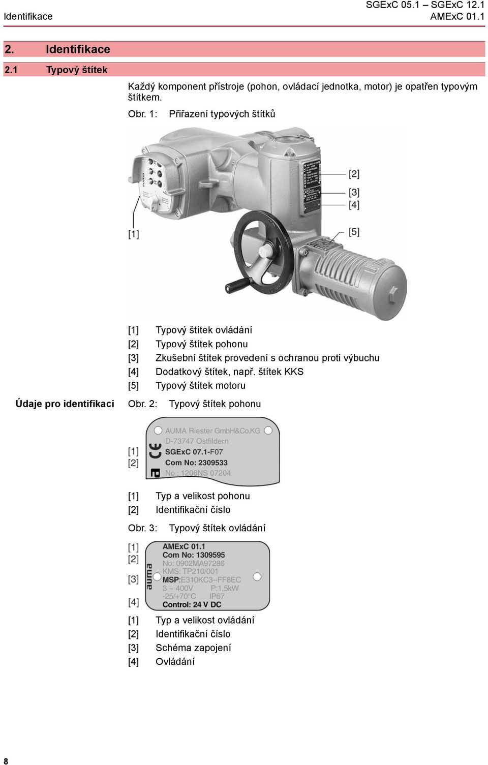 1: Přiřazení typových štítků [1] Typový štítek ovládání [2] Typový štítek pohonu [3] Zkušební štítek provedení s ochranou proti výbuchu [4]