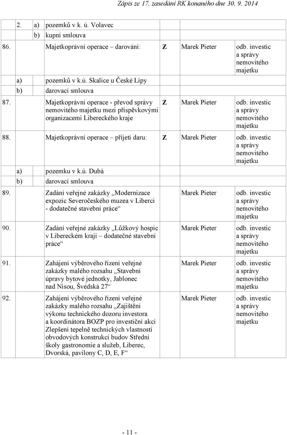 Majetkoprávní operace přijetí daru: Z Marek Pieter odb. investic a správy nemovitého majetku a) pozemku v k.ú. Dubá b) darovací smlouva 89.