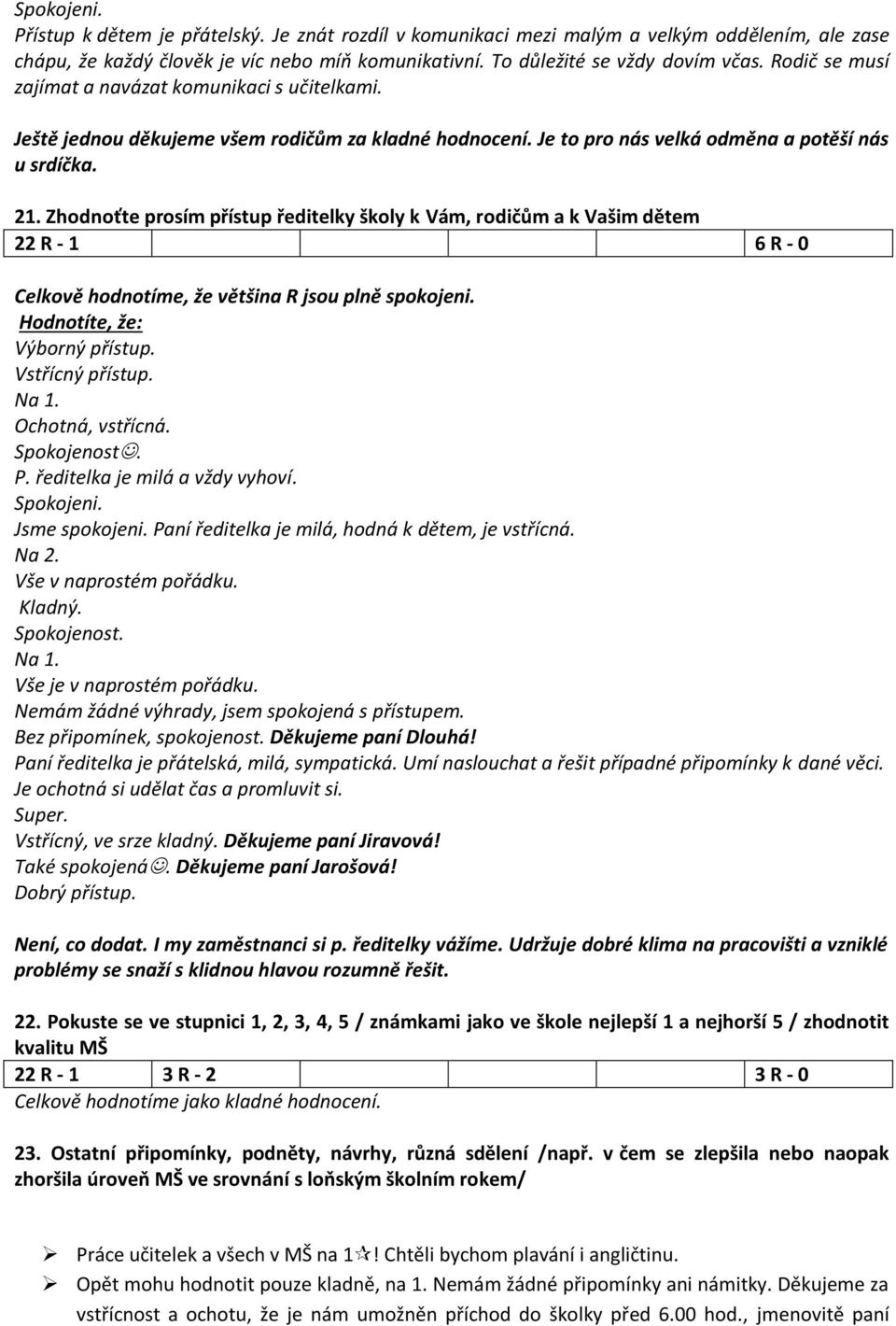 Zhodnoťte prosím přístup ředitelky školy k Vám, rodičům a k Vašim dětem 22 R - 1 6 R - 0 Celkově hodnotíme, že většina R jsou plně spokojeni. Hodnotíte, že: Výborný přístup. Vstřícný přístup. Na 1.