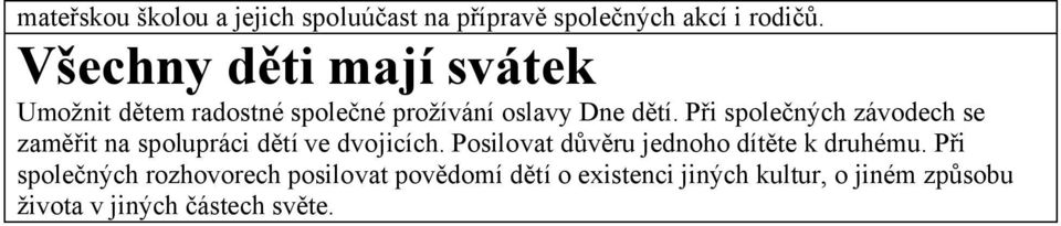 Při společných závodech se zaměřit na spolupráci dětí ve dvojicích.