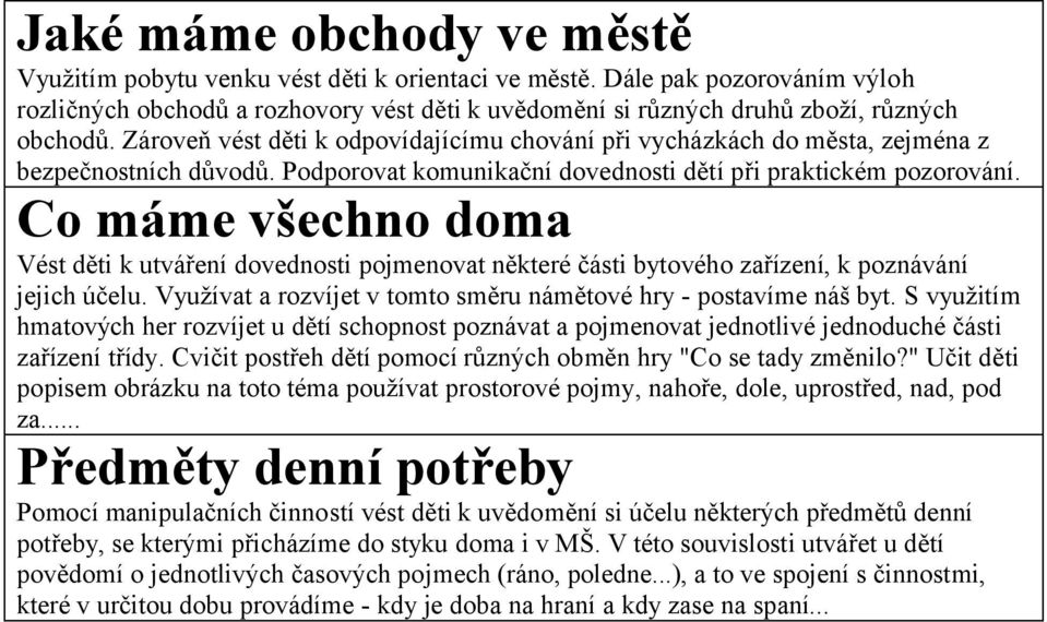 Zároveň vést děti k odpovídajícímu chování při vycházkách do města, zejména z bezpečnostních důvodů. Podporovat komunikační dovednosti dětí při praktickém pozorování.