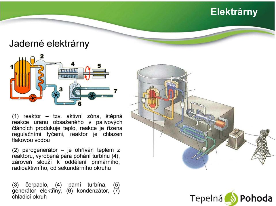 tyčemi, reaktor je chlazen tlakovou vodou (2) parogenerátor je ohříván teplem z reaktoru, vyrobená pára pohání