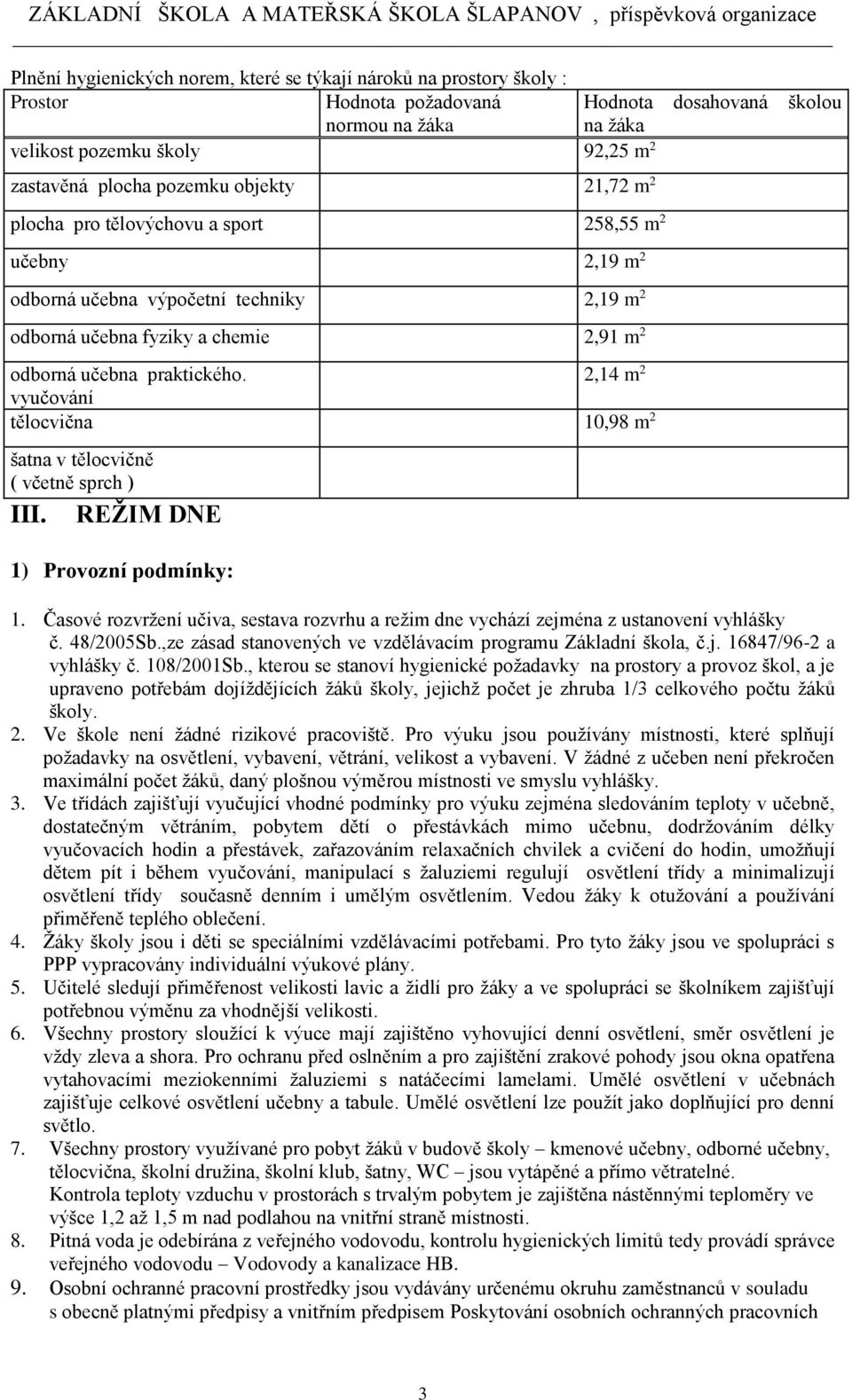 2,14 m 2 vyučování tělocvična 10,98 m 2 šatna v tělocvičně ( včetně sprch ) III. REŽIM DNE 1) Provozní podmínky: 1.