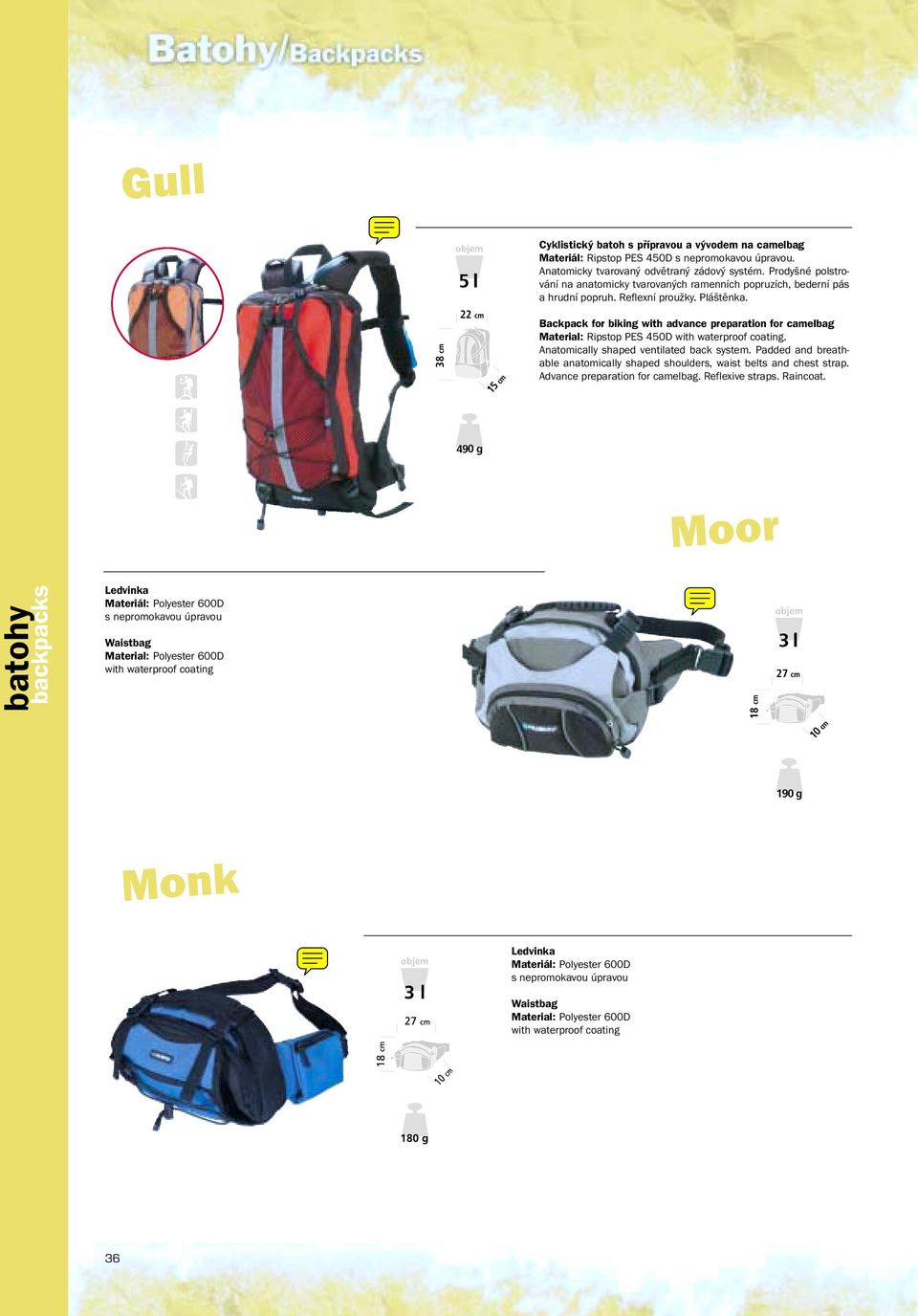 38 cm 22 cm 15 cm Backpack for biking with advance preparation for camelbag Material: Ripstop PES 450D with waterproof coating. Anatomically shaped ventilated back system.