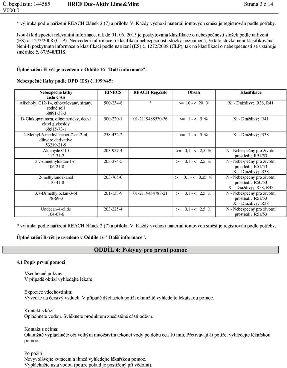 Neuvedení informace o klasifikaci nebezpečnosti složky neznamená, že tato složka není klasifikována. Není-li poskytnuta informace o klasifikaci podle nařízení (ES) č.