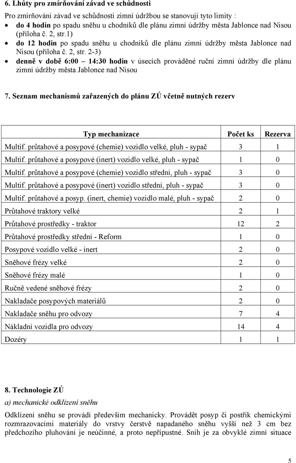 Seznam mechanismů zařazených do plánu ZÚ včetně nutných rezerv Typ mechanizace Počet ks Rezerva Multif. průtahové a posypové (chemie) vozidlo velké, pluh - sypač 3 1 Multif.