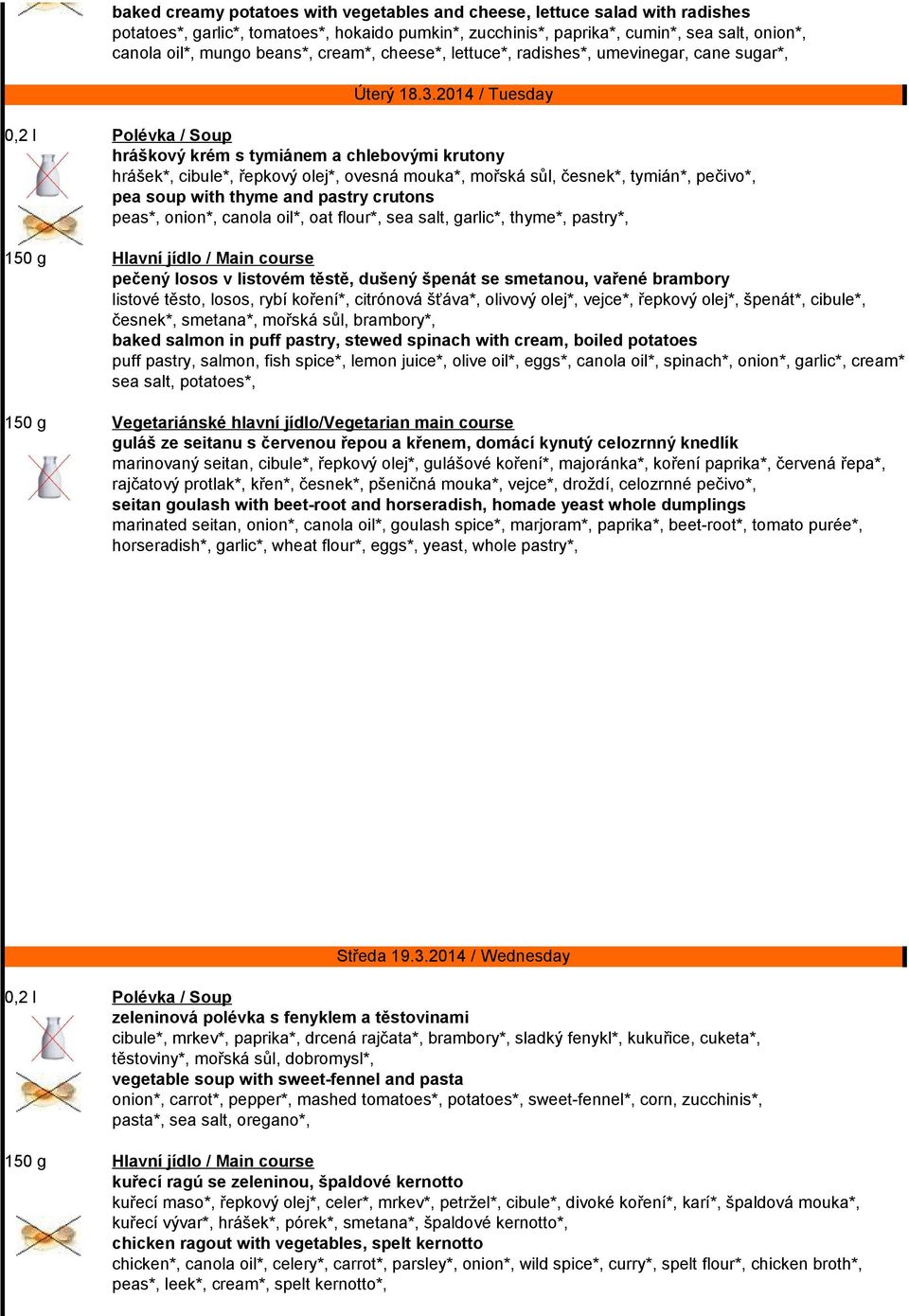 2014 / Tuesday hráškový krém s tymiánem a chlebovými krutony hrášek*, cibule*, řepkový olej*, ovesná mouka*, mořská sůl, česnek*, tymián*, pečivo*, pea soup with thyme and pastry crutons peas*,