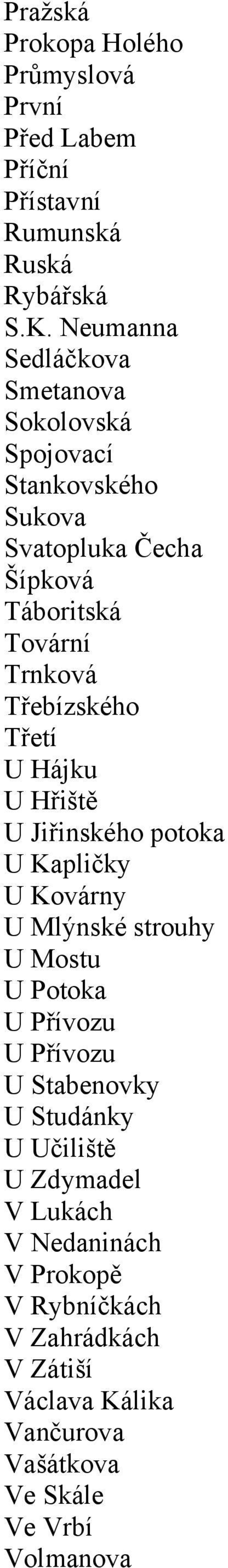 Třebízského Třetí U Hájku U Hřiště U Jiřinského potoka U Kapličky U Kovárny U Mlýnské strouhy U Mostu U Potoka U Přívozu U Přívozu