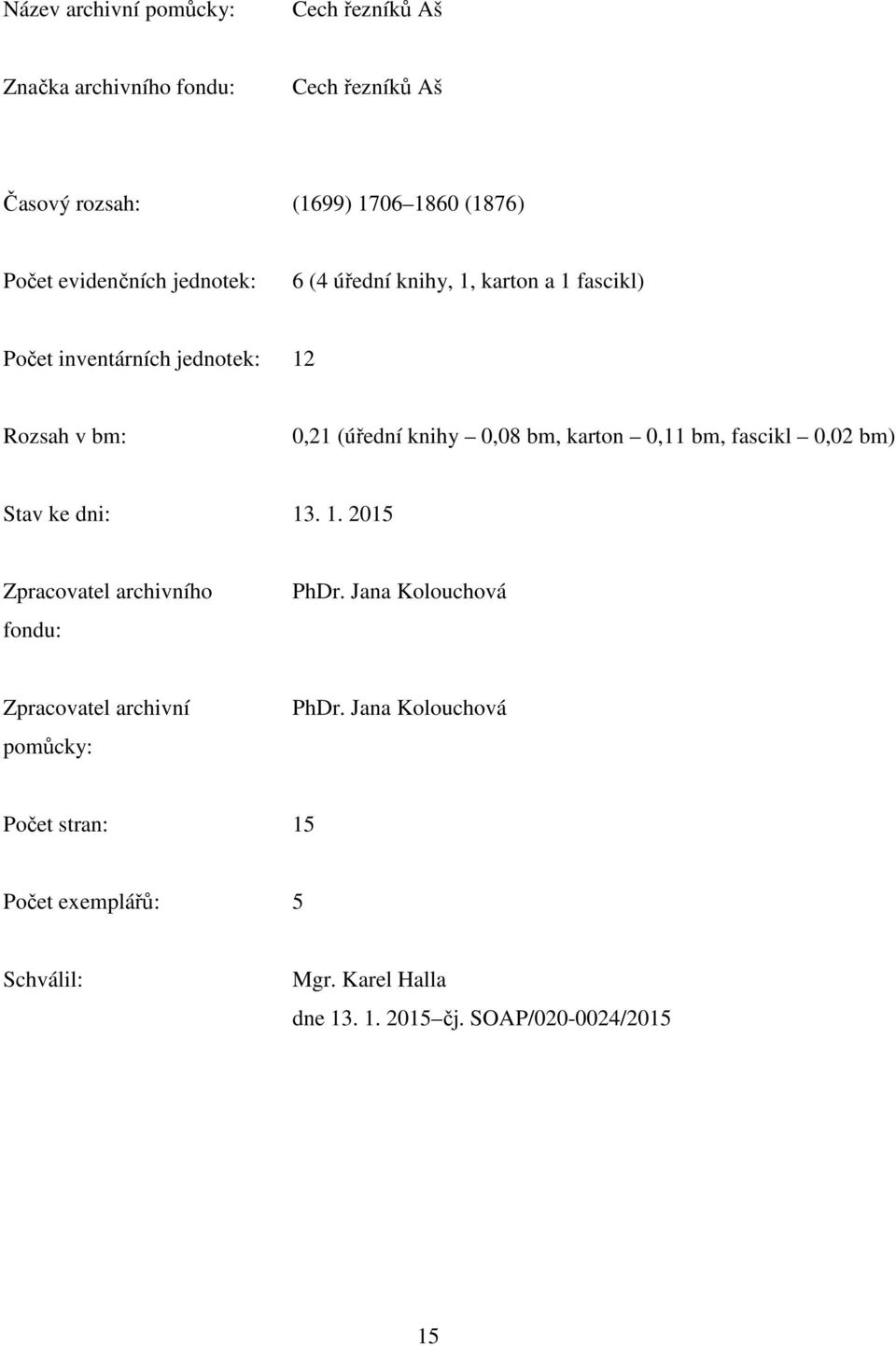 0,08 bm, karton 0,11 bm, fascikl 0,02 bm) Stav ke dni: 13. 1. 2015 Zpracovatel archivního fondu: PhDr.