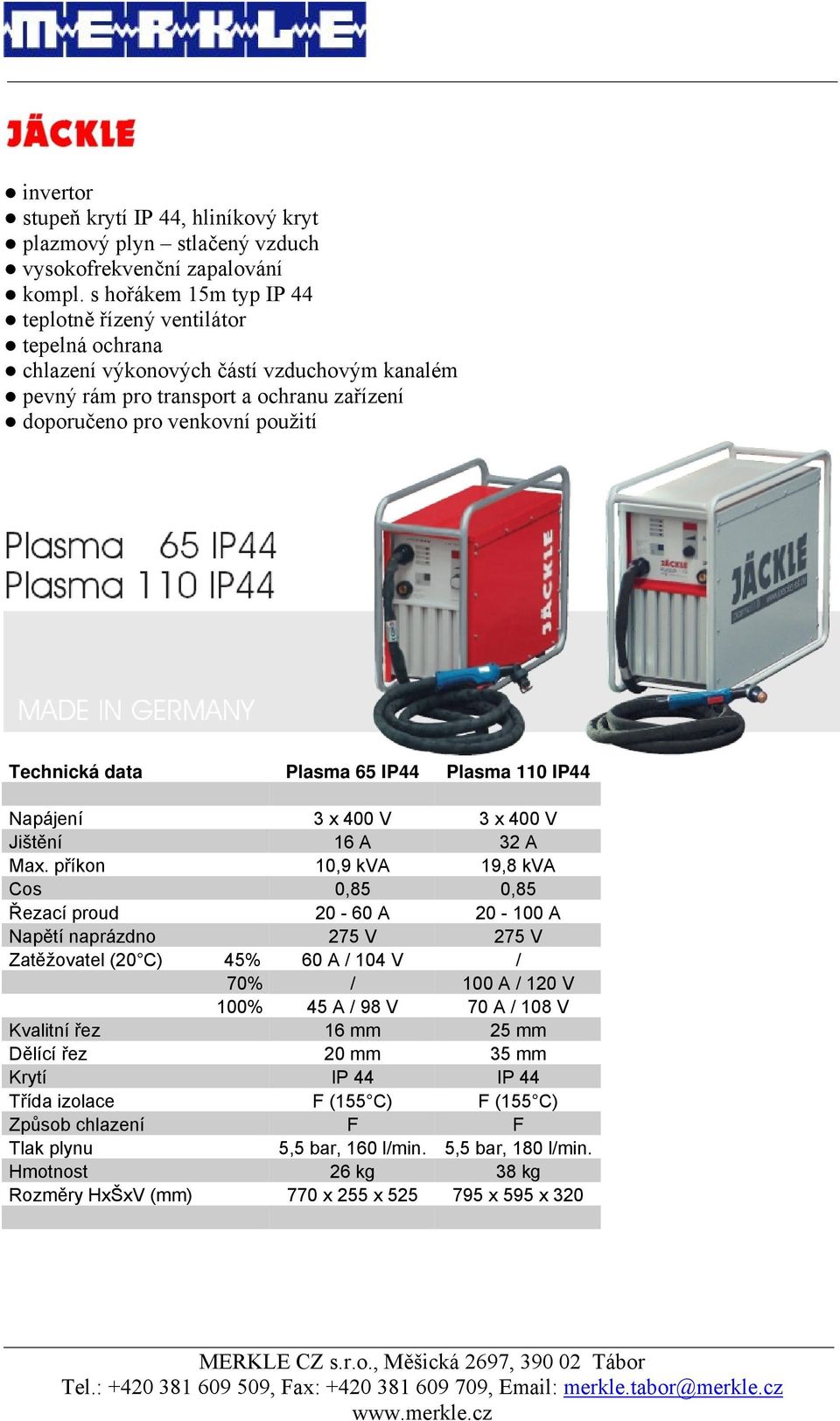 Technická data Plasma 65 IP44 Plasma 110 IP44 Jištění 16 A 32 A Max.