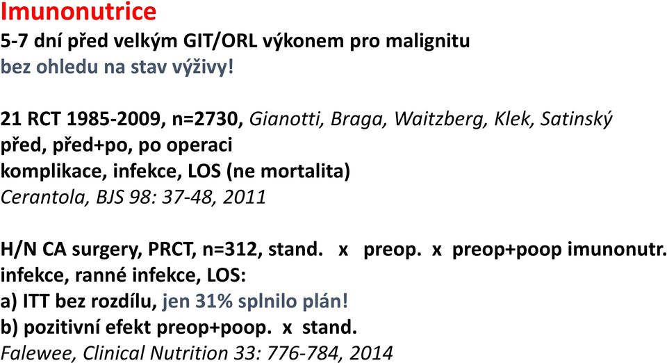 (ne mortalita) Cerantola, BJS 98: 37-48, 2011 H/N CA surgery, PRCT, n=312, stand. x preop. x preop+poop imunonutr.