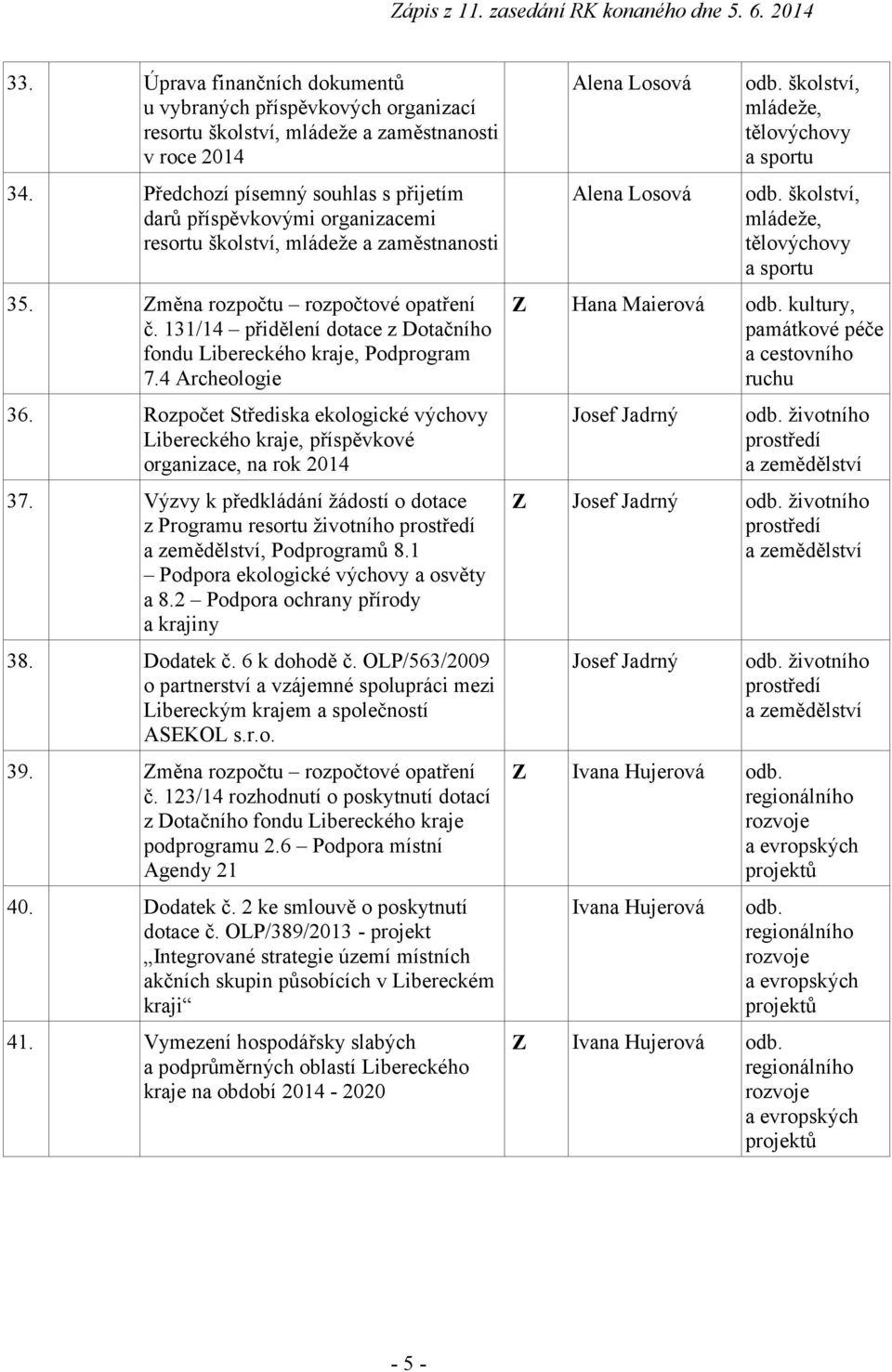 131/14 přidělení dotace z Dotačního fondu Libereckého kraje, Podprogram 7.4 Archeologie 36. Rozpočet Střediska ekologické výchovy Libereckého kraje, příspěvkové organizace, na rok 2014 37.