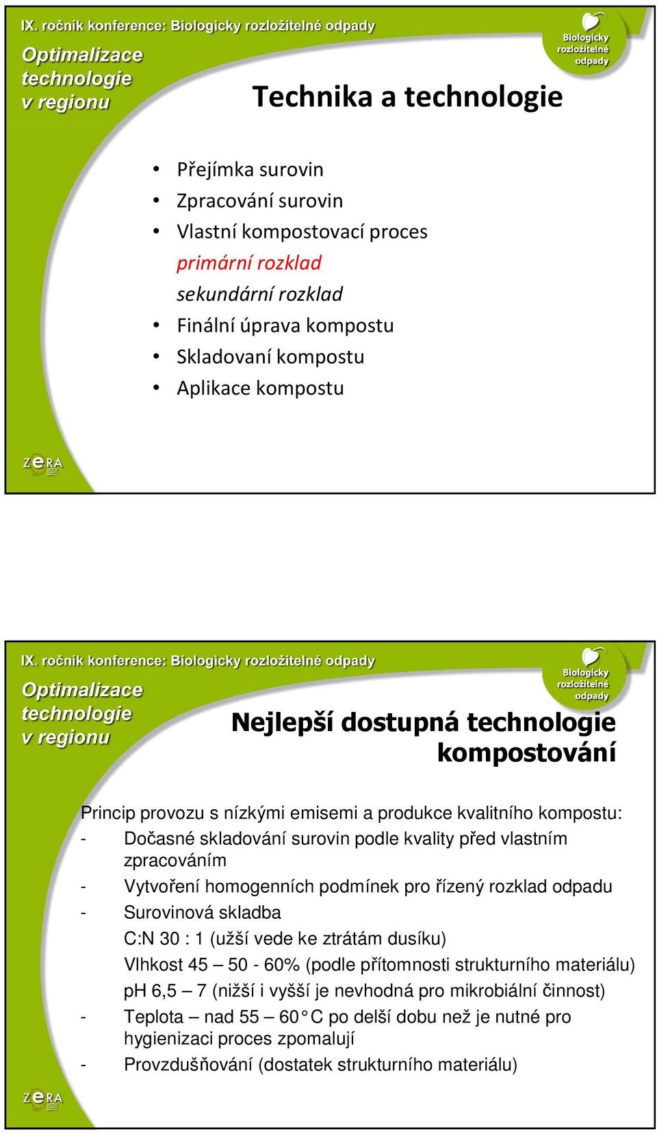 Vytvoření homogenních podmínek pro řízený rozklad odpadu - Surovinová skladba C:N 30 : 1 (užší vede ke ztrátám dusíku) Vlhkost 45 50-60% (podle přítomnosti strukturního materiálu) ph