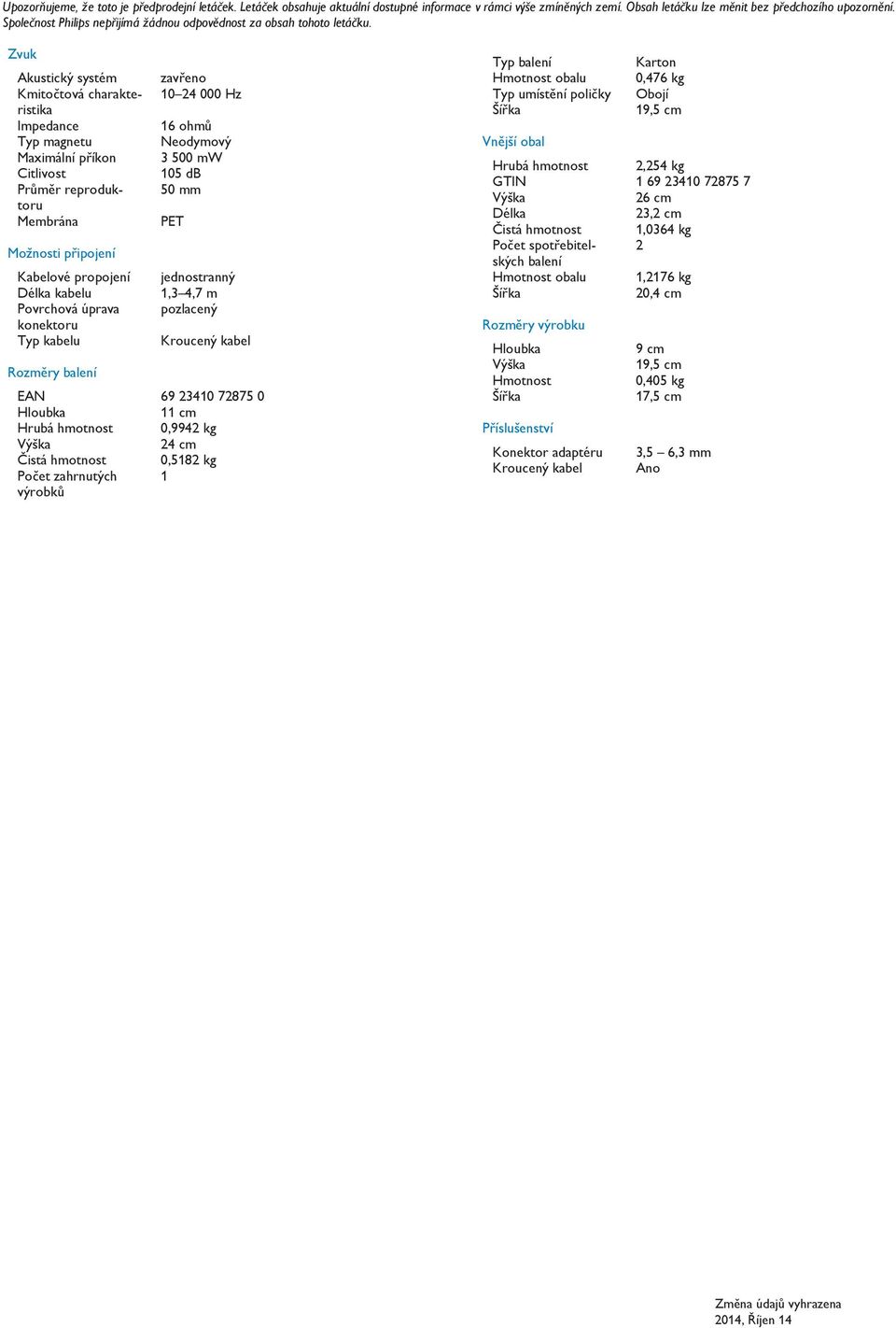 Zvuk Akustický systém Kmitočtová charakteristika Impedance Typ magnetu Maximální příkon Citlivost Průměr reproduktoru Membrána Možnosti připojení Kabelové propojení Délka kabelu Povrchová úprava