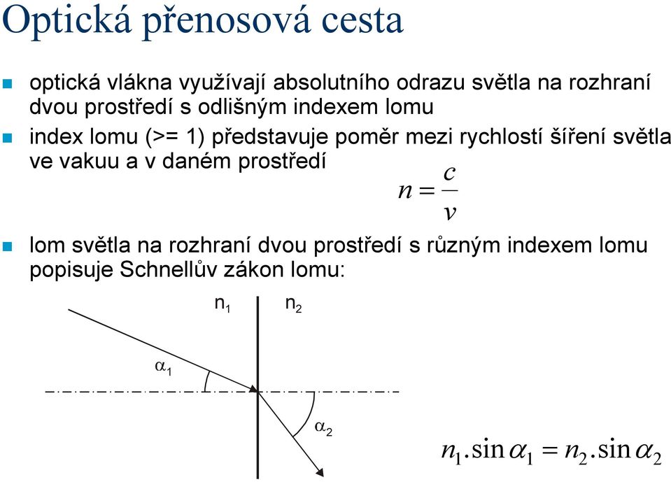 šíření světla ve vakuu a v daném prostředí n = lom světla na rozhraní dvou prostředí s