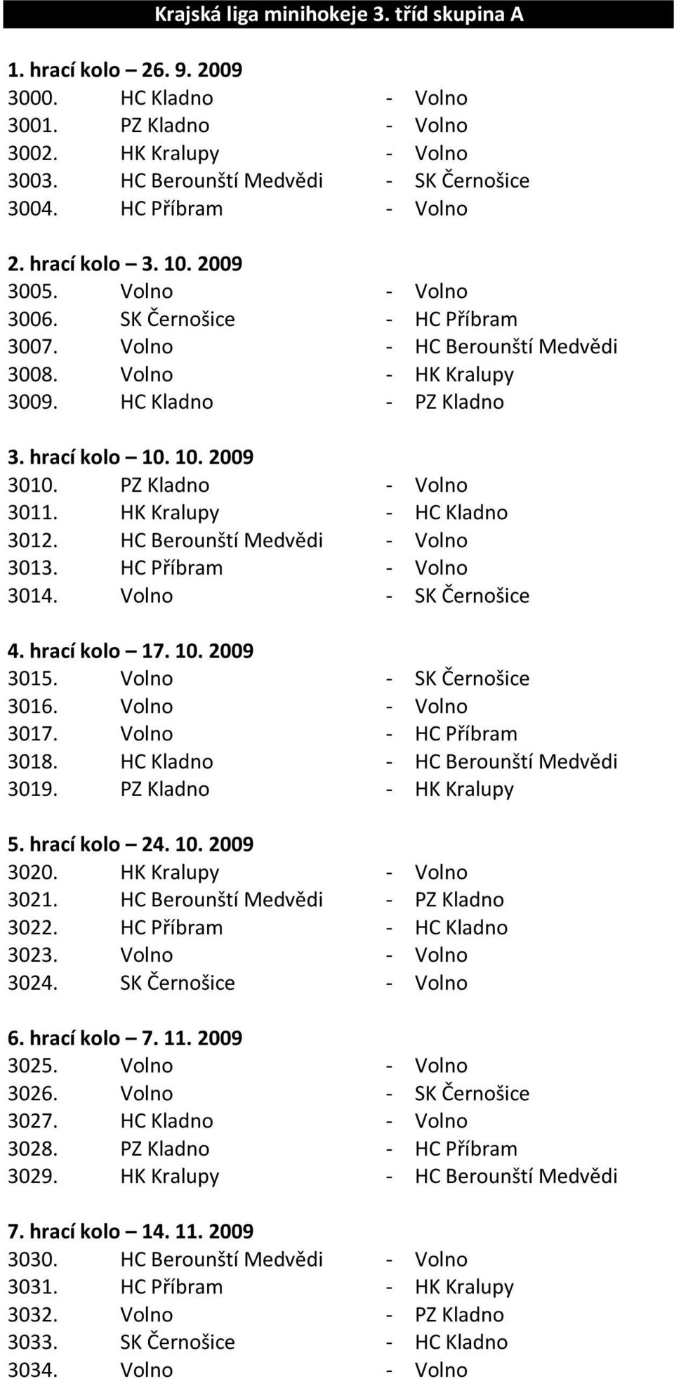 hrací kolo 10. 10. 2009 3010. PZ Kladno - Volno 3011. HK Kralupy - HC Kladno 3012. HC Berounští Medvědi - Volno 3013. HC Příbram - Volno 3014. Volno - SK Černošice 4. hrací kolo 17. 10. 2009 3015.