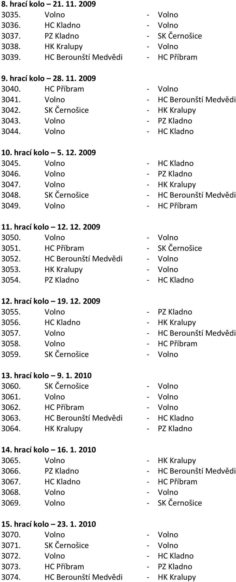 Volno - PZ Kladno 3047. Volno - HK Kralupy 3048. SK Černošice - HC Berounští Medvědi 3049. Volno - HC Příbram 11. hrací kolo 12. 12. 2009 3050. Volno - Volno 3051. HC Příbram - SK Černošice 3052.