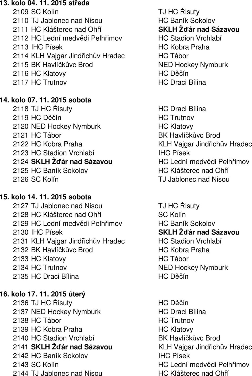 HC Kobra Praha 2114 KLH Vajgar Jindřichův Hradec HC Tábor 2115 BK Havlíčkůvc Brod NED Hockey Nymburk 2116 HC Klatovy HC Děčín 2117 HC Trutnov HC Draci Bílina 14. kolo 07. 11.