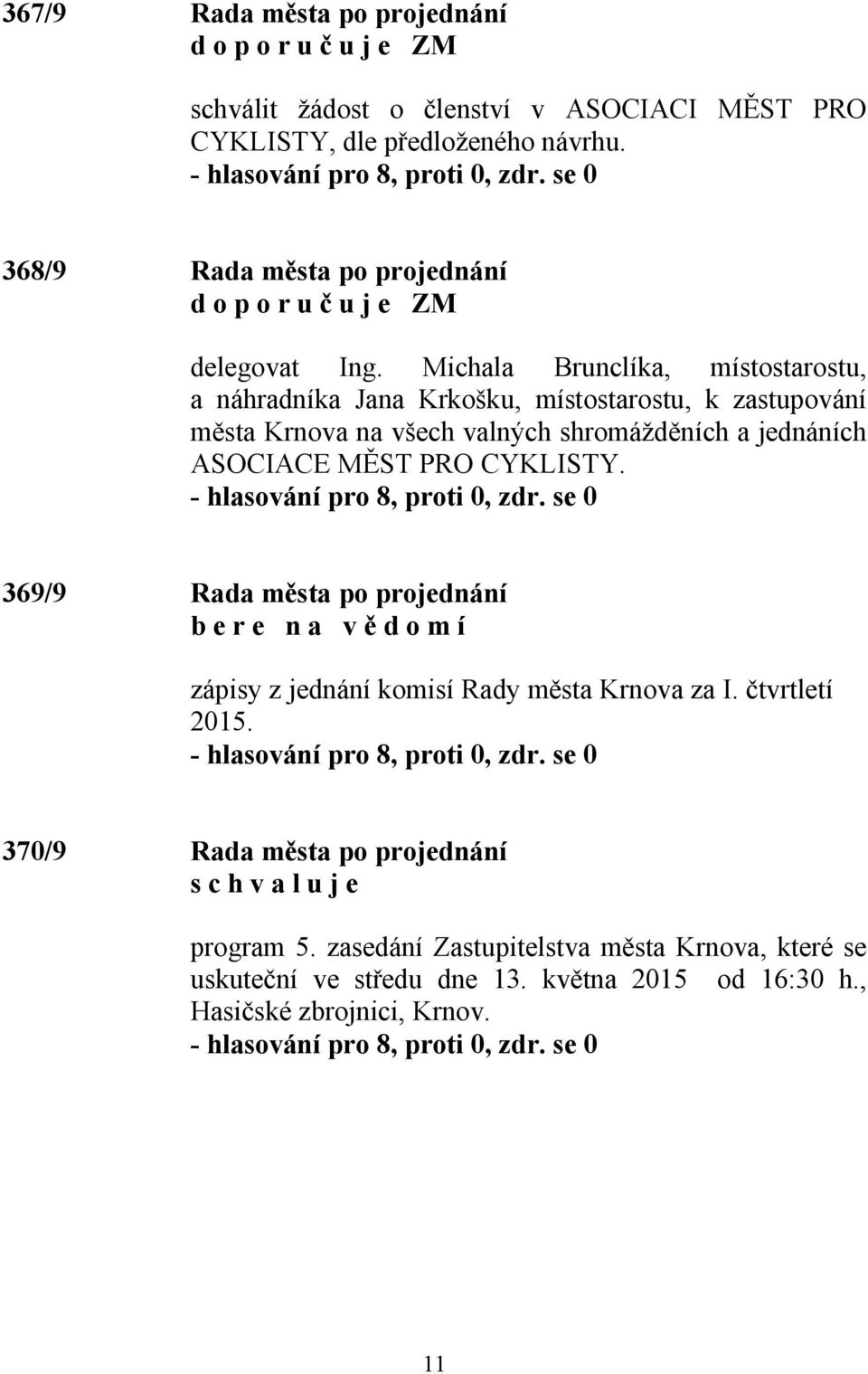 Michala Brunclíka, místostarostu, a náhradníka Jana Krkošku, místostarostu, k zastupování města Krnova na všech valných shromážděních a jednáních ASOCIACE