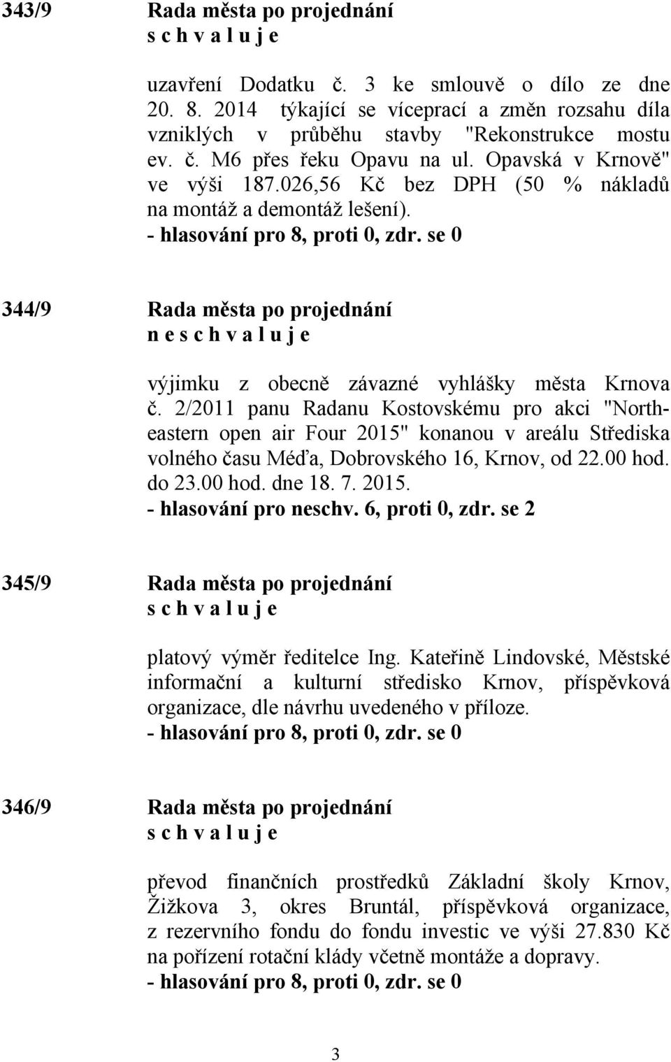 2/2011 panu Radanu Kostovskému pro akci "Northeastern open air Four 2015" konanou v areálu Střediska volného času Méďa, Dobrovského 16, Krnov, od 22.00 hod. do 23.00 hod. dne 18. 7. 2015. - hlasování pro neschv.