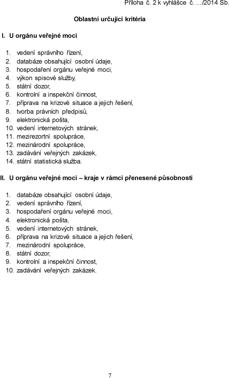 mezinárodní spolupráce, 13. zadávání veřejných zakázek, 14. státní statistická služba. Příloha č. 2 k vyhlášce č. /2014 Sb. II. U orgánu veřejné moci kraje v rámci přenesené působnosti 1.