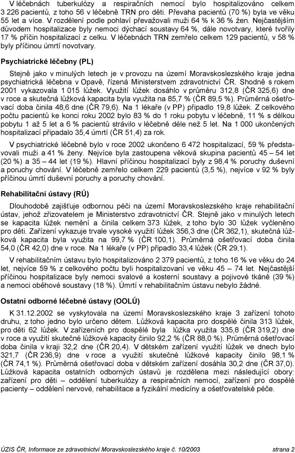 V léčebnách TRN zemřelo celkem 129 pacientů, v 58 % byly příčinou úmrtí novotvary.