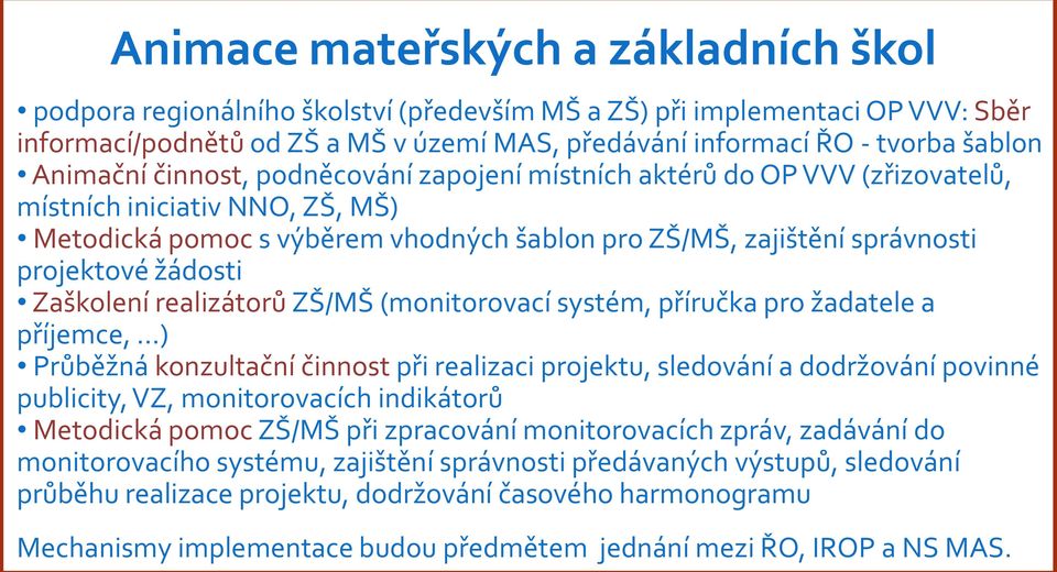 žádosti Zaškolení realizátorů ZŠ/MŠ (monitorovací systém, příručka pro žadatele a příjemce, ) Průběžná konzultační činnost při realizaci projektu, sledování a dodržování povinné publicity, VZ,