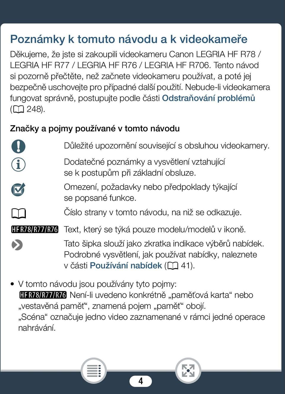 Nebude-li videokamera fungovat správně, postupujte podle části Odstraňování problémů (A 248). Značky a pojmy používané v tomto návodu A Důležité upozornění související s obsluhou videokamery.