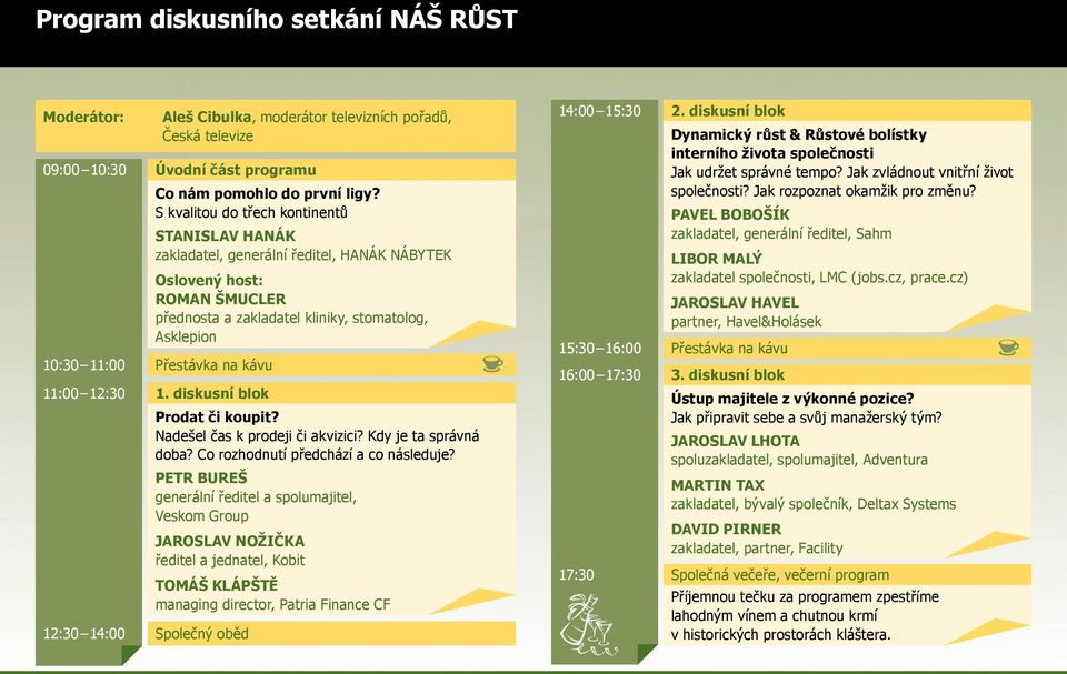 kávu 11:00 12:30 1. diskusní blok Prodat či koupit? Nadešel čas k prodeji či akvizici? Kdy je ta správná doba? Co rozhodnutí předchází a co následuje?