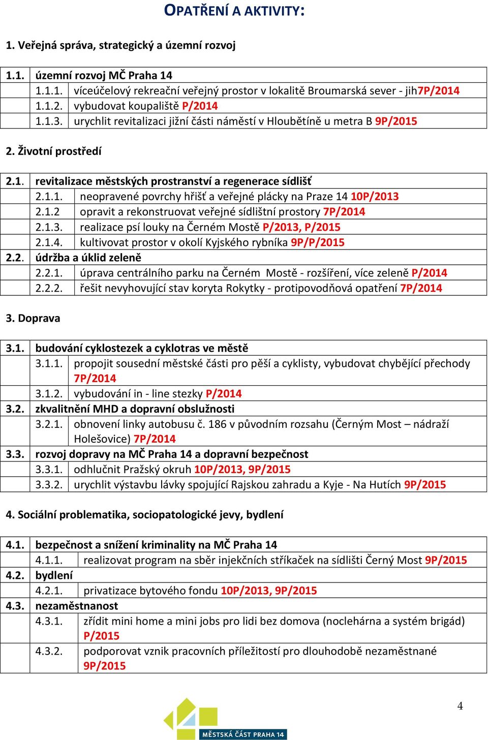 1.1. neopravené povrchy hřišť a veřejné plácky na Praze 14 10P/2013 2.1.2 opravit a rekonstruovat veřejné sídlištní prostory 7P/2014 2.1.3. realizace psí louky na Černém Mostě P/2013, P/2015 2.1.4. kultivovat prostor v okolí Kyjského rybníka 9P/P/2015 2.