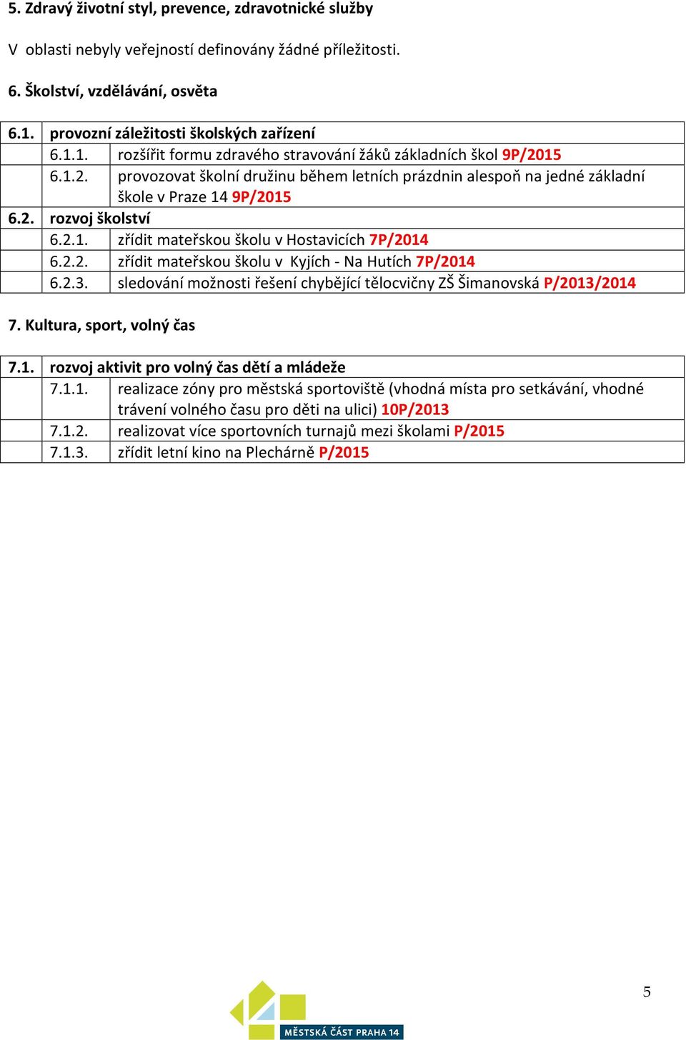 15 6.1.2. provozovat školní družinu během letních prázdnin alespoň na jedné základní škole v Praze 14 9P/2015 6.2. rozvoj školství 6.2.1. zřídit mateřskou školu v Hostavicích 7P/2014 6.2.2. zřídit mateřskou školu v Kyjích - Na Hutích 7P/2014 6.