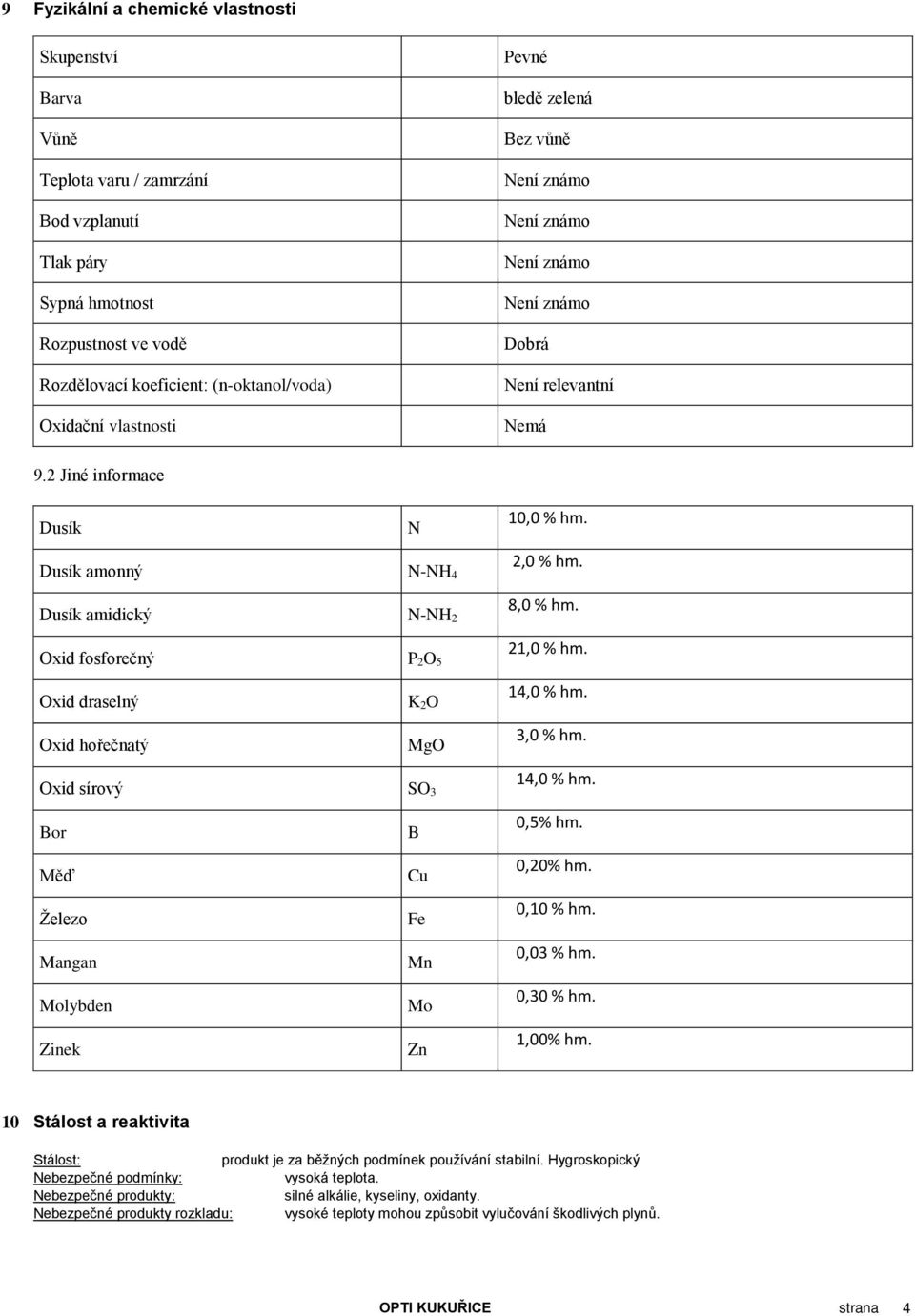 2 Jiné informace Dusík N Dusík amonný N-NH 4 Dusík amidický N-NH 2 Oxid fosforečný P 2O 5 Oxid draselný K 2O Oxid hořečnatý MgO Oxid sírový SO 3 Bor B Měď Cu Železo Fe Mangan Mn Molybden Mo Zinek Zn