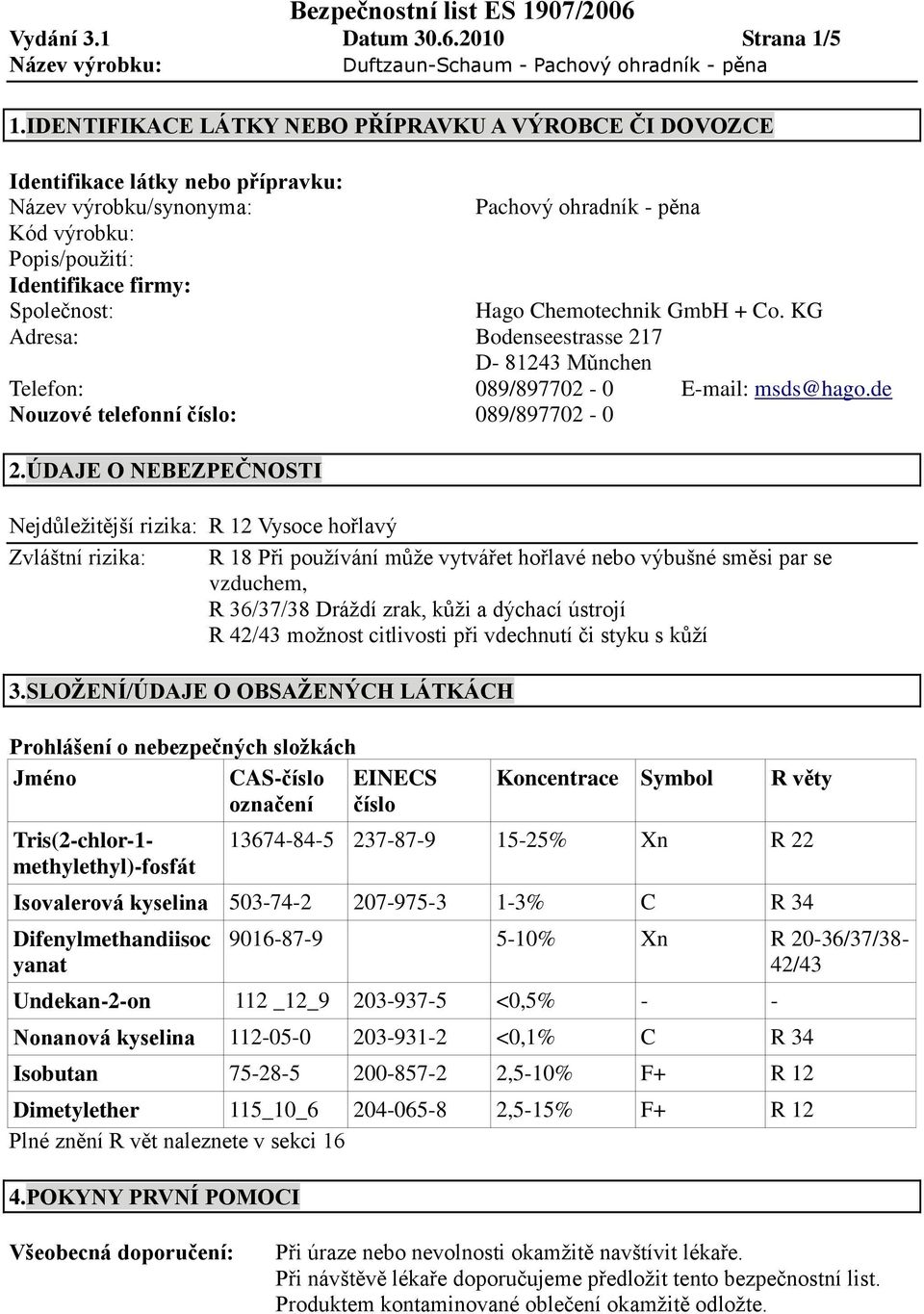 Hago Chemotechnik GmbH + Co. KG Adresa: Bodenseestrasse 217 D- 81243 Mǔnchen Telefon: 089/897702-0 E-mail: msds@hago.de Nouzové telefonní číslo: 089/897702-0 2.