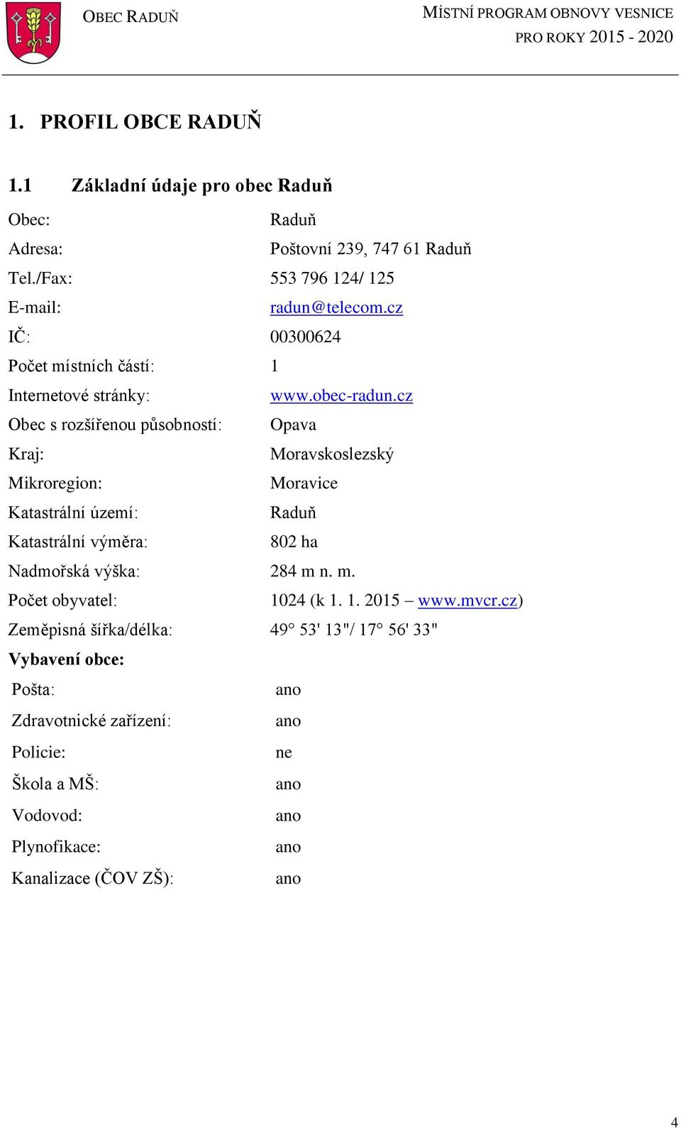 cz Obec s rzšířenu půsbnstí: Opava Kraj: Mravskslezský Mikrregin: Mravice Katastrální území: Raduň Katastrální výměra: 802 ha Nadmřská výška: 284