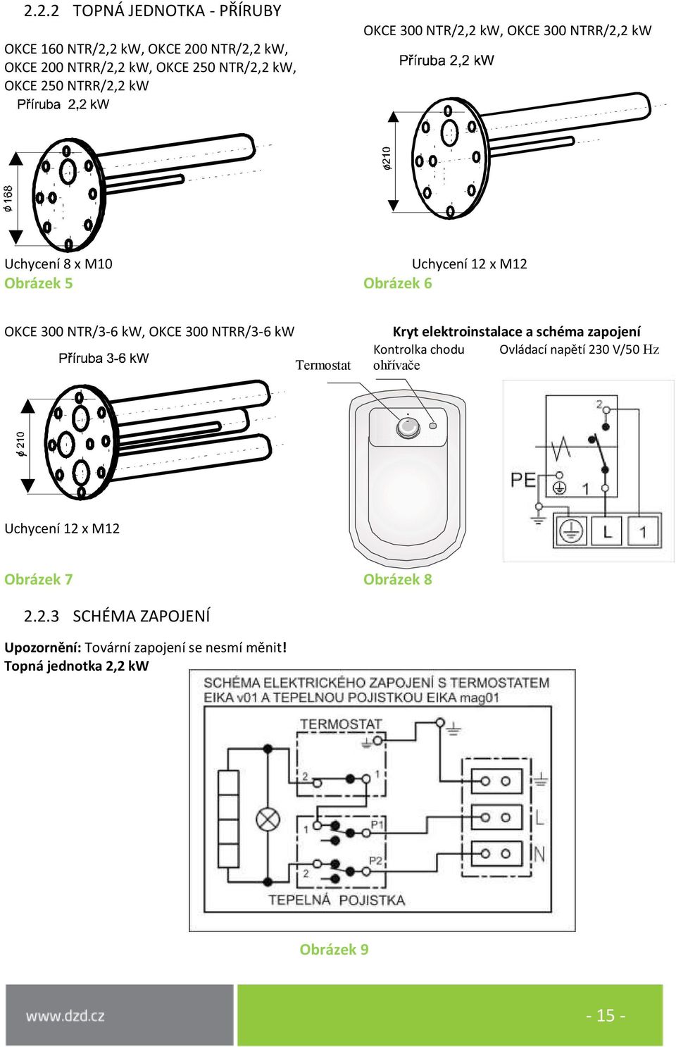OKCE 300 NTRR/3-6 kw Termostat Kryt elektroinstalace a schéma zapojení Kontrolka chodu Ovládací napětí 230 V/50 Hz ohřívače