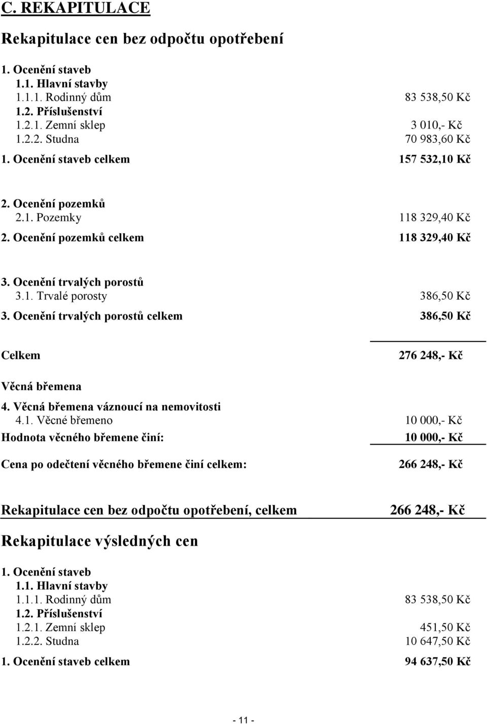 Ocenění trvalých porostů celkem 386,50 Kč Celkem 276 248,- Kč Věcná břemena 4. Věcná břemena váznoucí na nemovitosti 4.1.