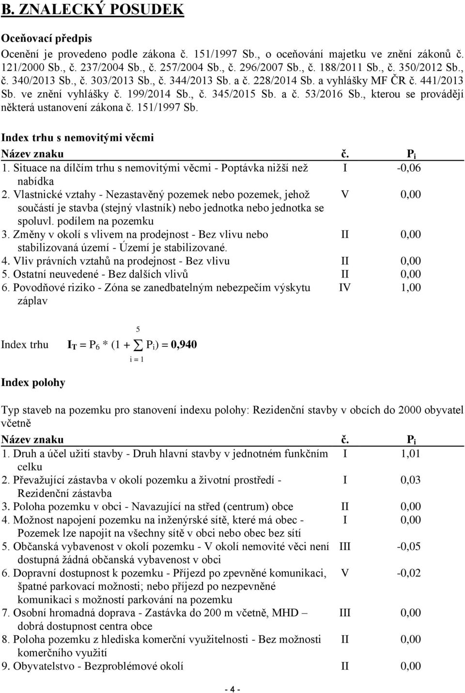 , kterou se provádějí některá ustanovení zákona č. 151/1997 Sb. Index trhu s nemovitými věcmi Název znaku č. P i 1. Situace na dílčím trhu s nemovitými věcmi - Poptávka nižší než I -0,06 nabídka 2.