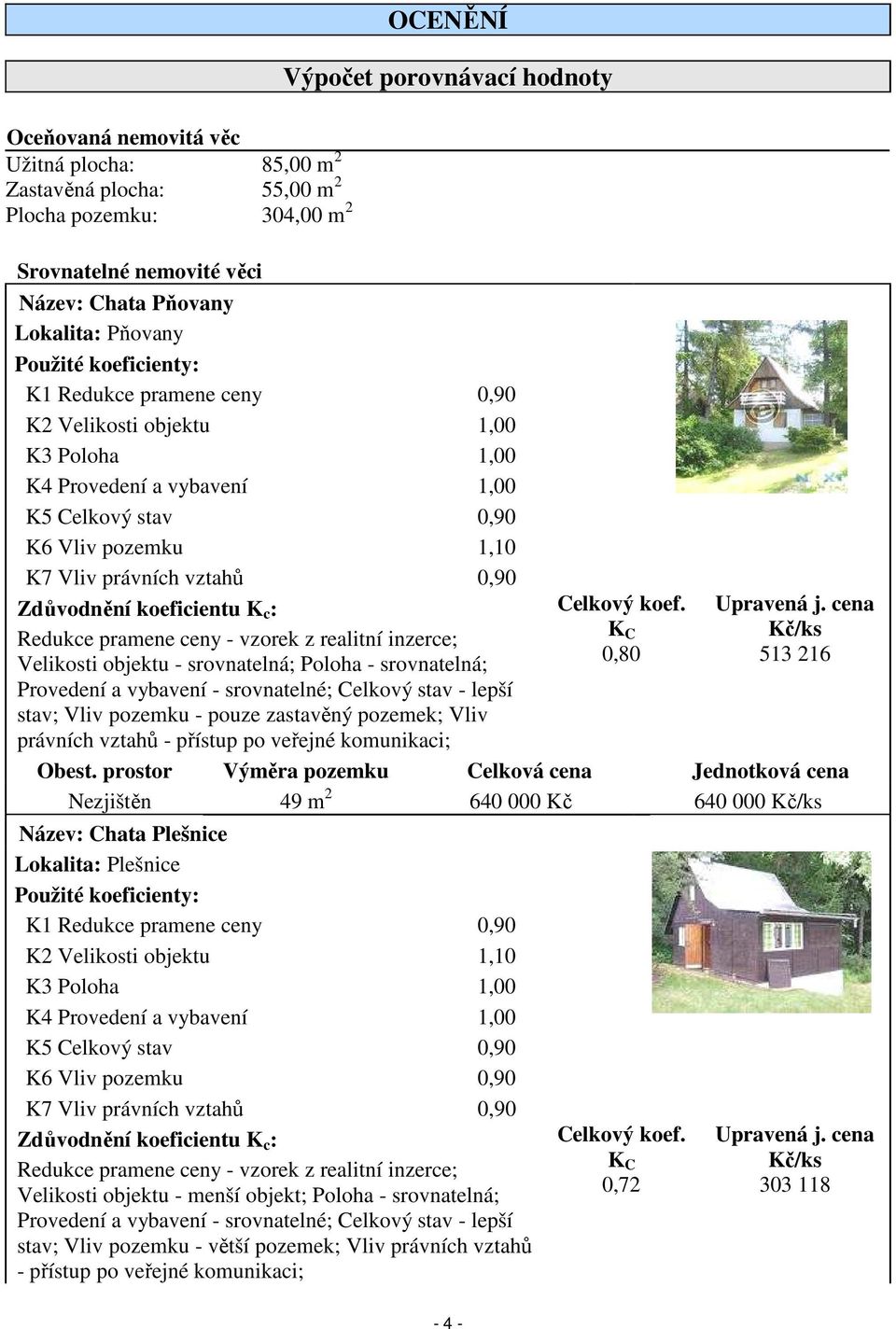 Zdůvodnění koeficientu K c : Redukce pramene ceny - vzorek z realitní inzerce; Velikosti objektu - srovnatelná; Poloha - srovnatelná; Provedení a vybavení - srovnatelné; Celkový stav - lepší stav;