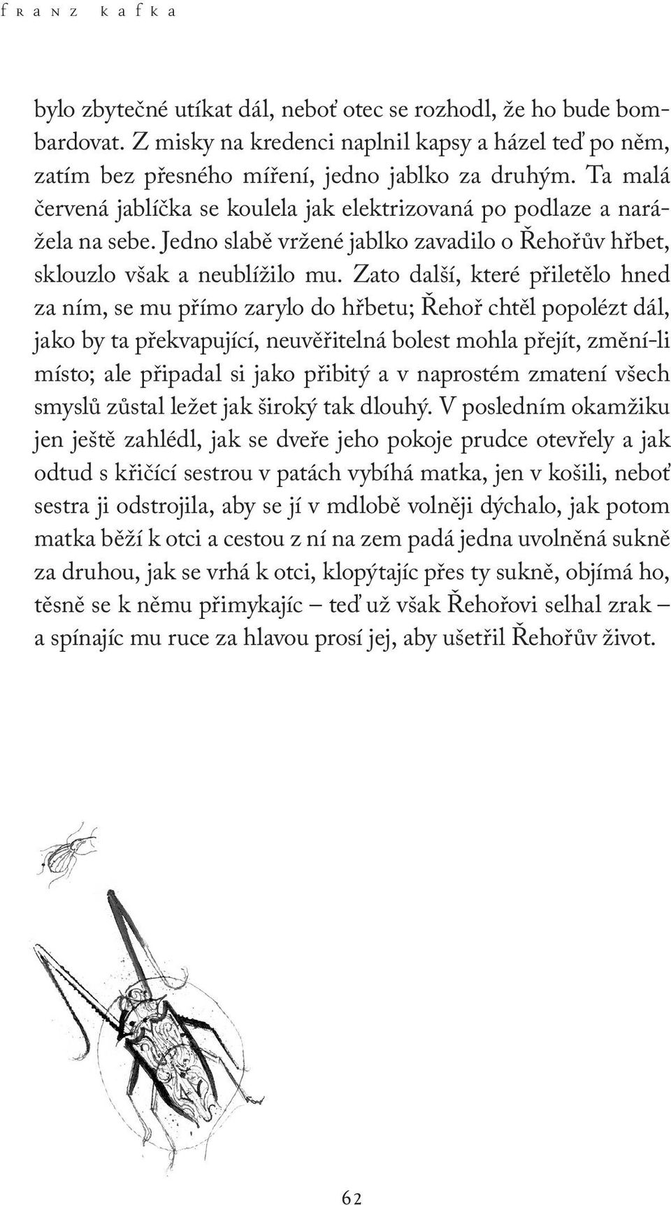 Zato další, které přiletělo hned za ním, se mu přímo zarylo do hřbetu; Řehoř chtěl popolézt dál, jako by ta překvapující, neuvěřitelná bolest mohla přejít, změní-li místo; ale připadal si jako